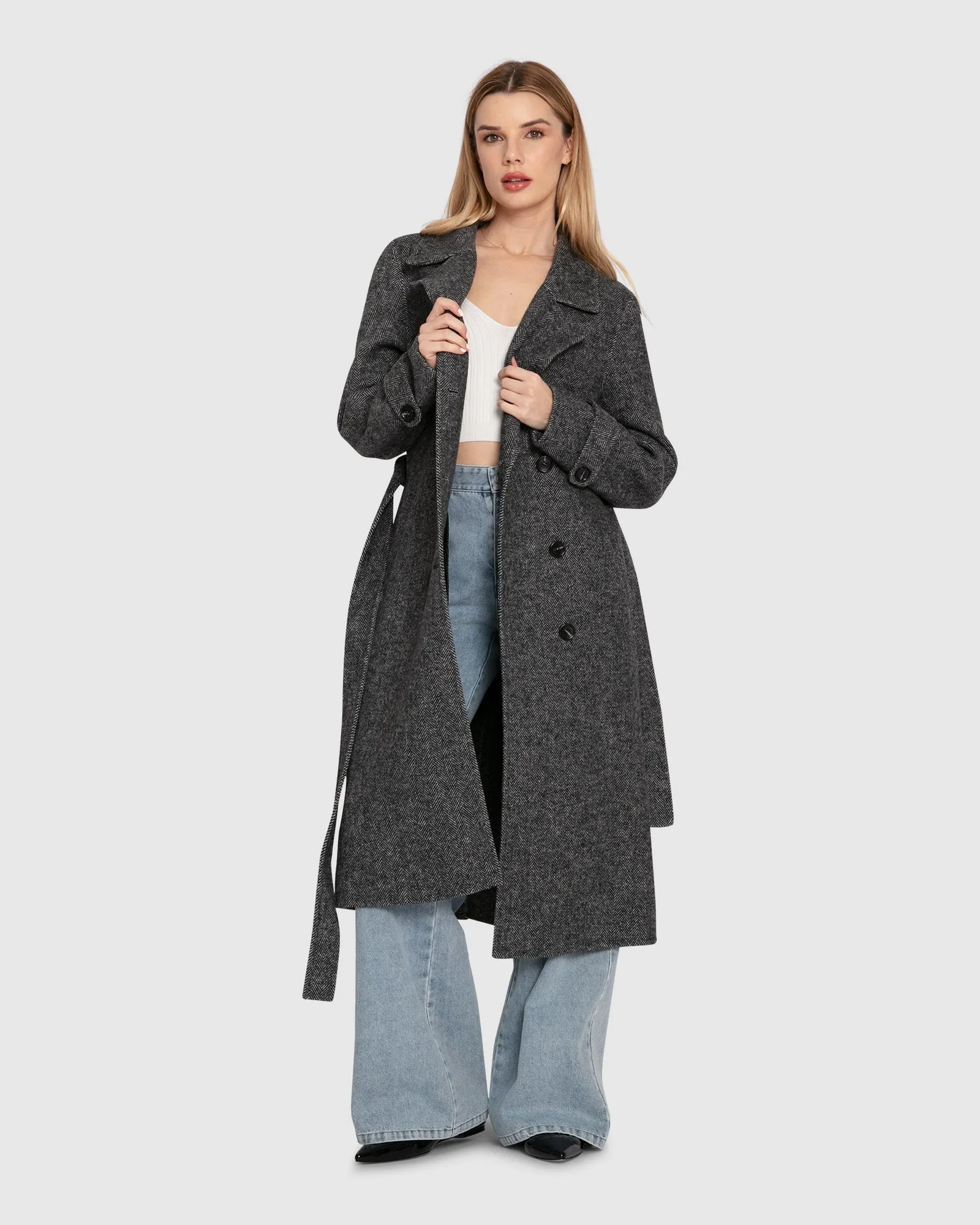Front Runner Wool Blend Belted Coat - Charcoal sold by Belle & Bloom