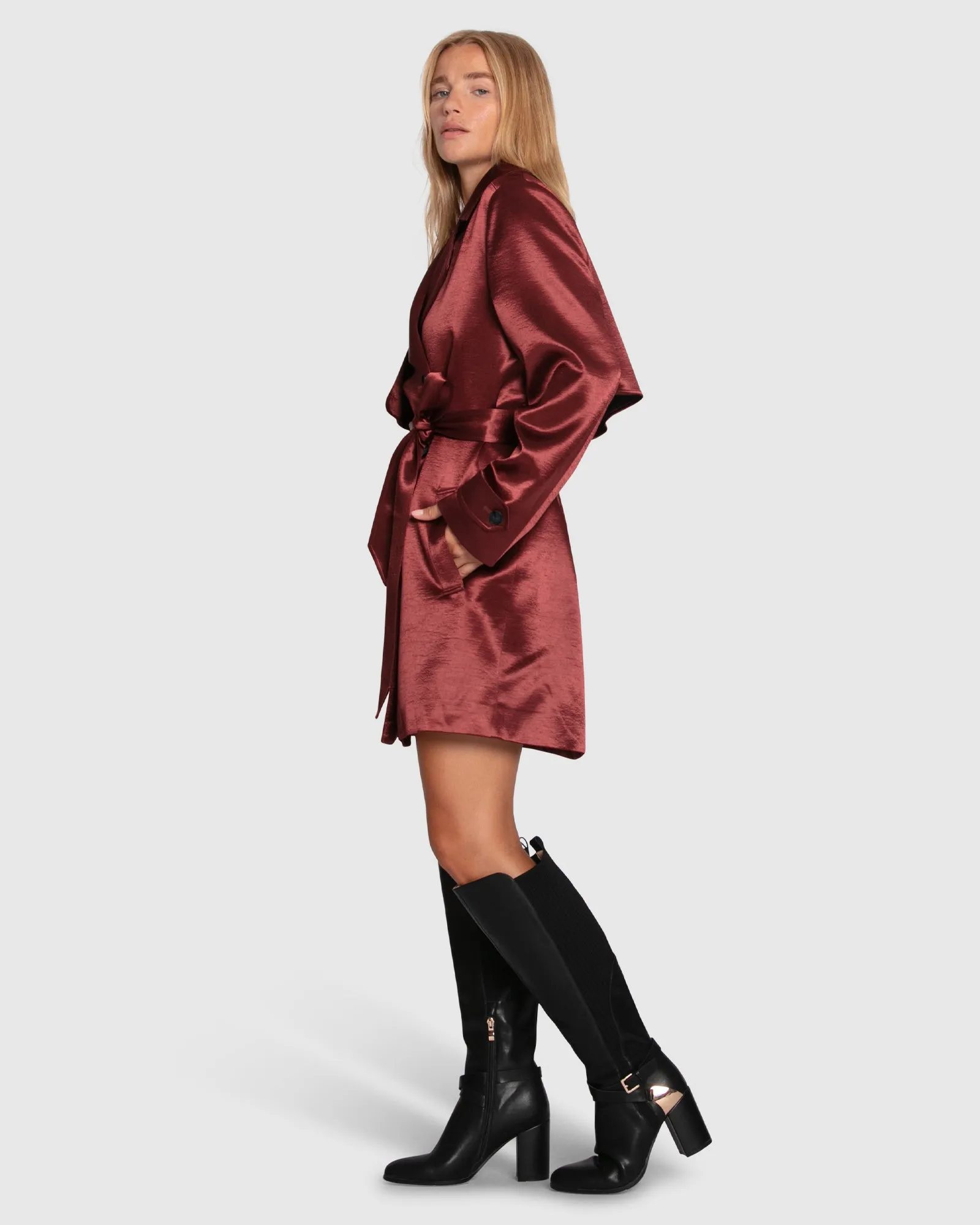 Will You Stay Trench Dress - Burgundy sold by Belle & Bloom product image thumbnail 4