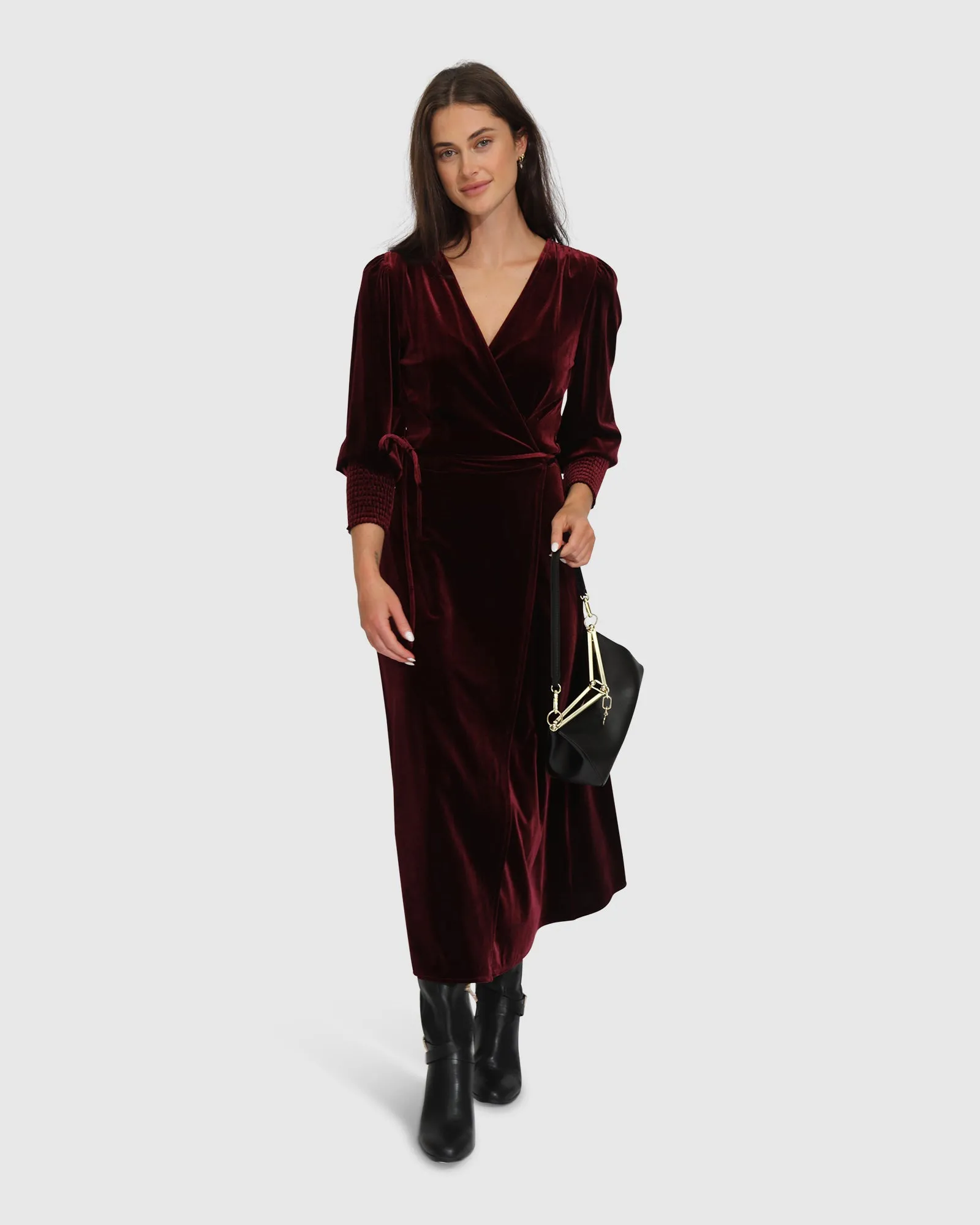 Current Mood Velvet Wrap Dress - Burgundy sold by Belle & Bloom product image thumbnail 2