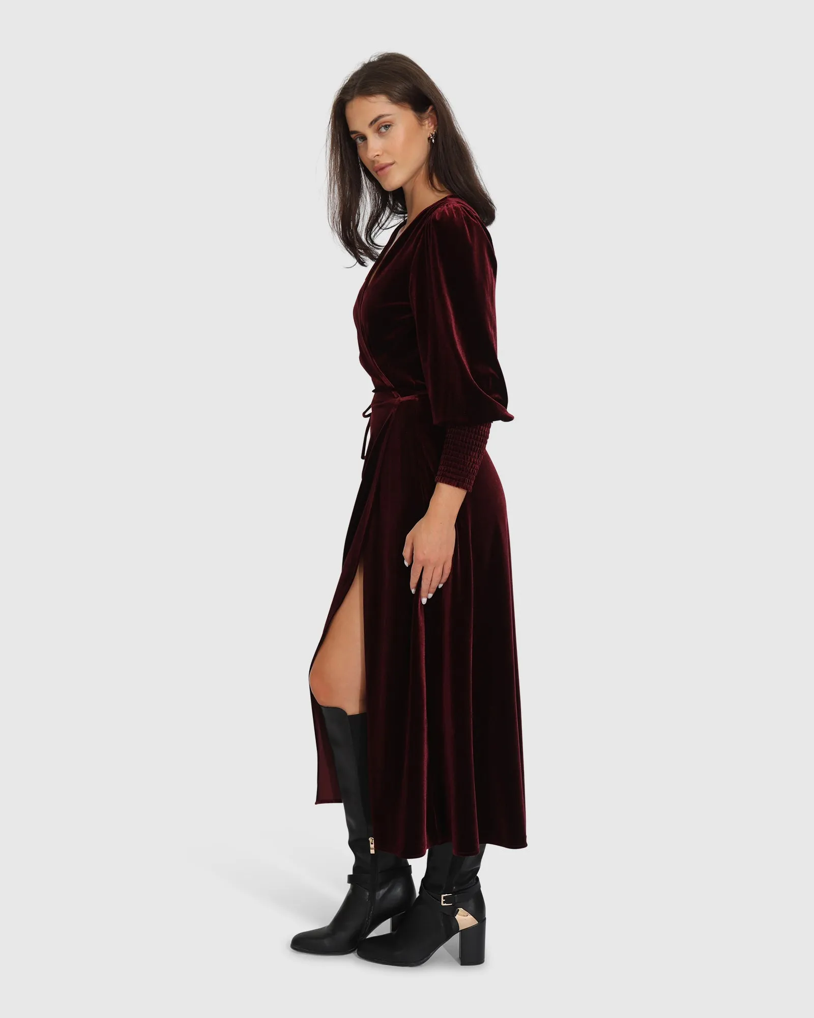 Current Mood Velvet Wrap Dress - Burgundy sold by Belle & Bloom product image thumbnail 3