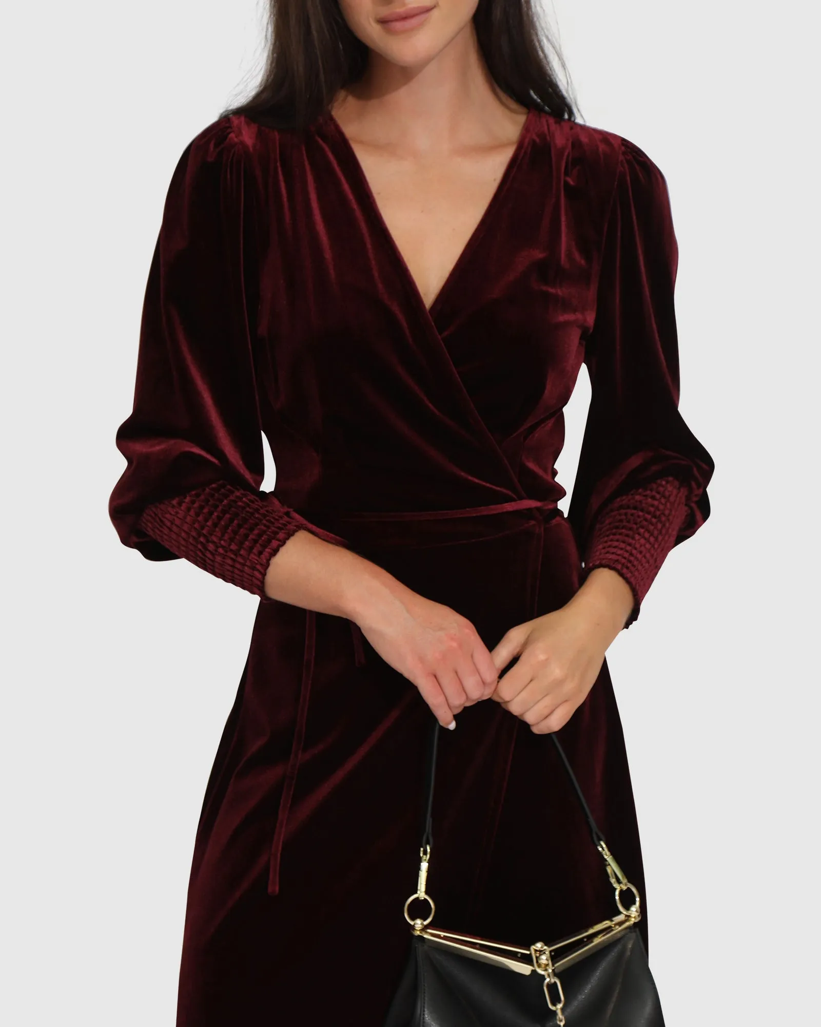 Current Mood Velvet Wrap Dress - Burgundy sold by Belle & Bloom product image thumbnail 5