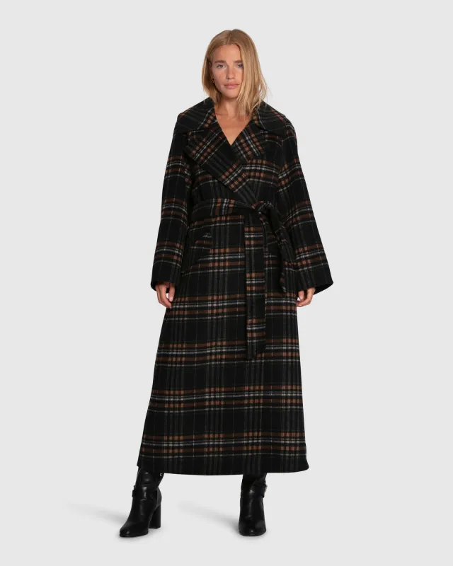 Heart To Heart Wool Blend Large Collar Maxi Coat - Black Plaid made by Belle & Bloom