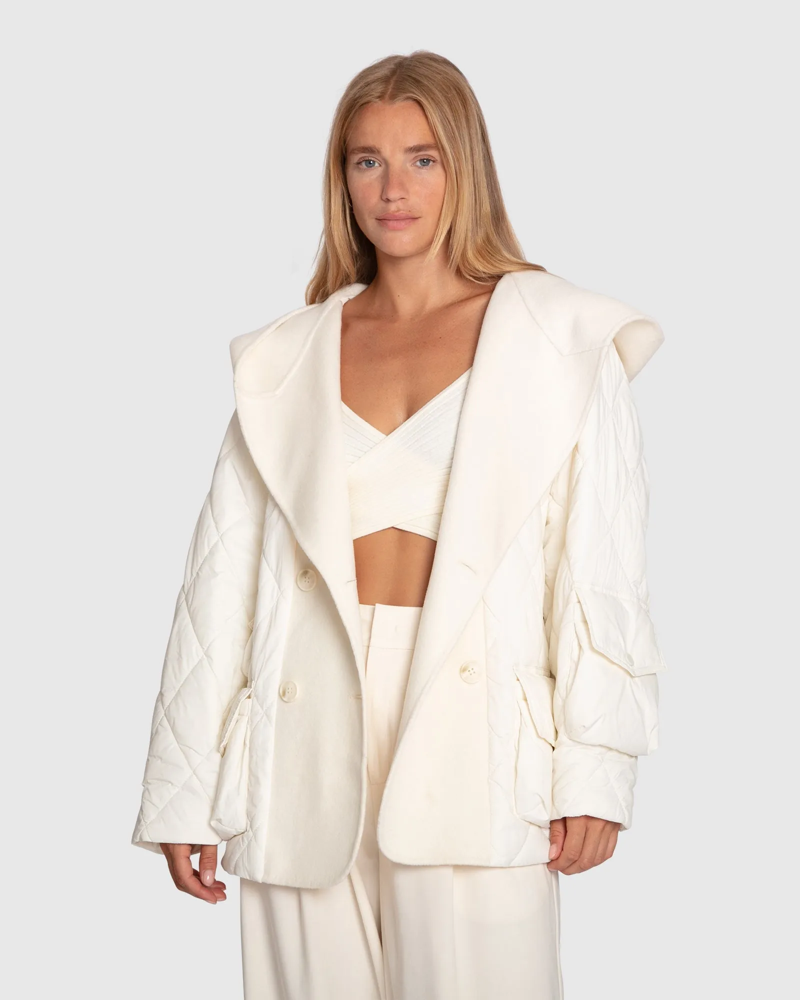 Only You Quilted Utility Puffer Jacket - White sold by Belle & Bloom