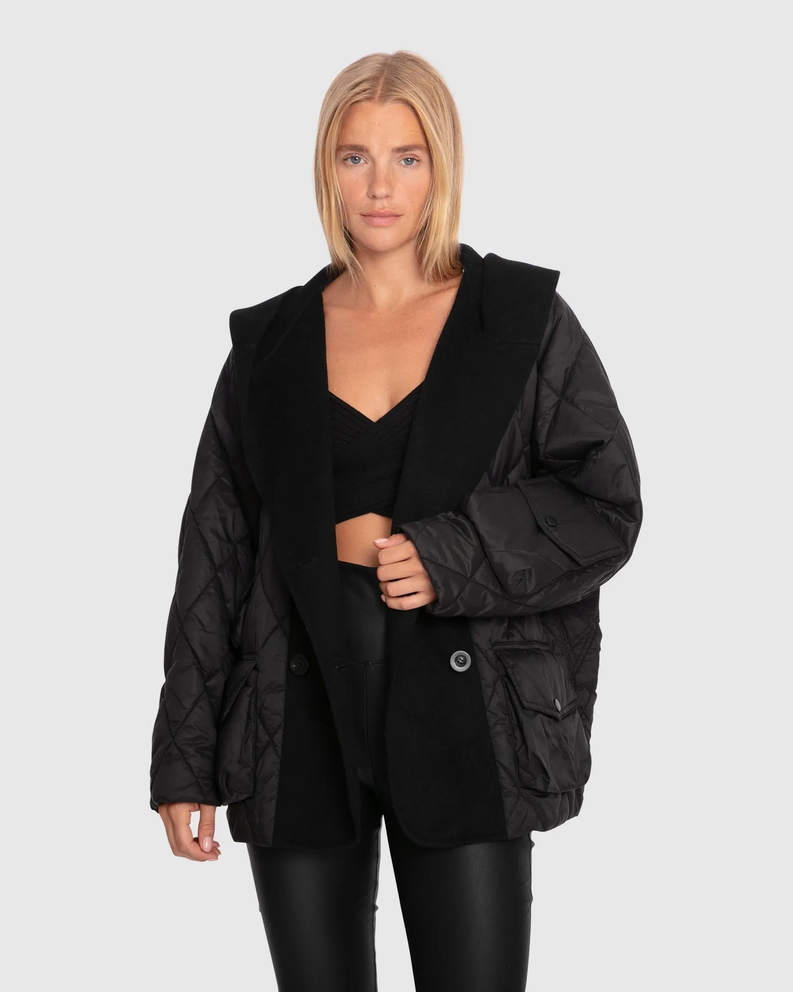 Only You Quilted Utility Puffer Jacket - Black sold by Belle & Bloom