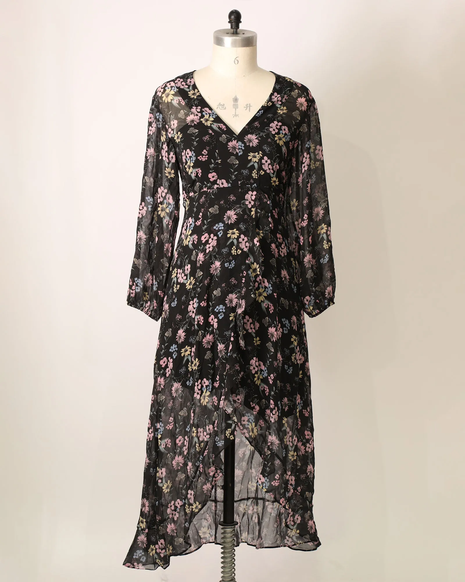 Asymmetrical Hem Long Sleeve Maxi - Black Floral sold by Belle & Bloom