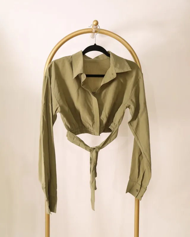 Long Sleeve Cropped Shirt with Waist Tie - Olive sold by Belle & Bloom