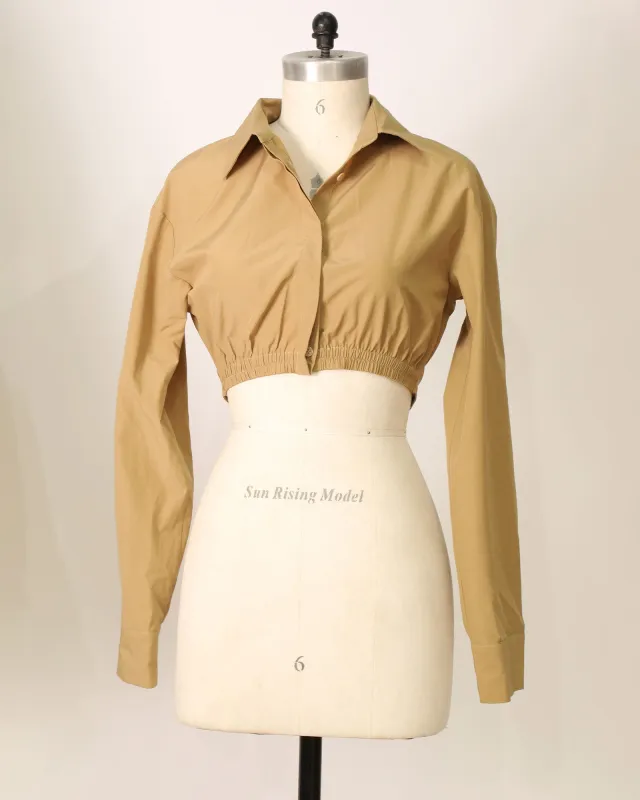 Long Sleeve Cropped Shirt with Waist Tie - Khaki sold by Belle & Bloom