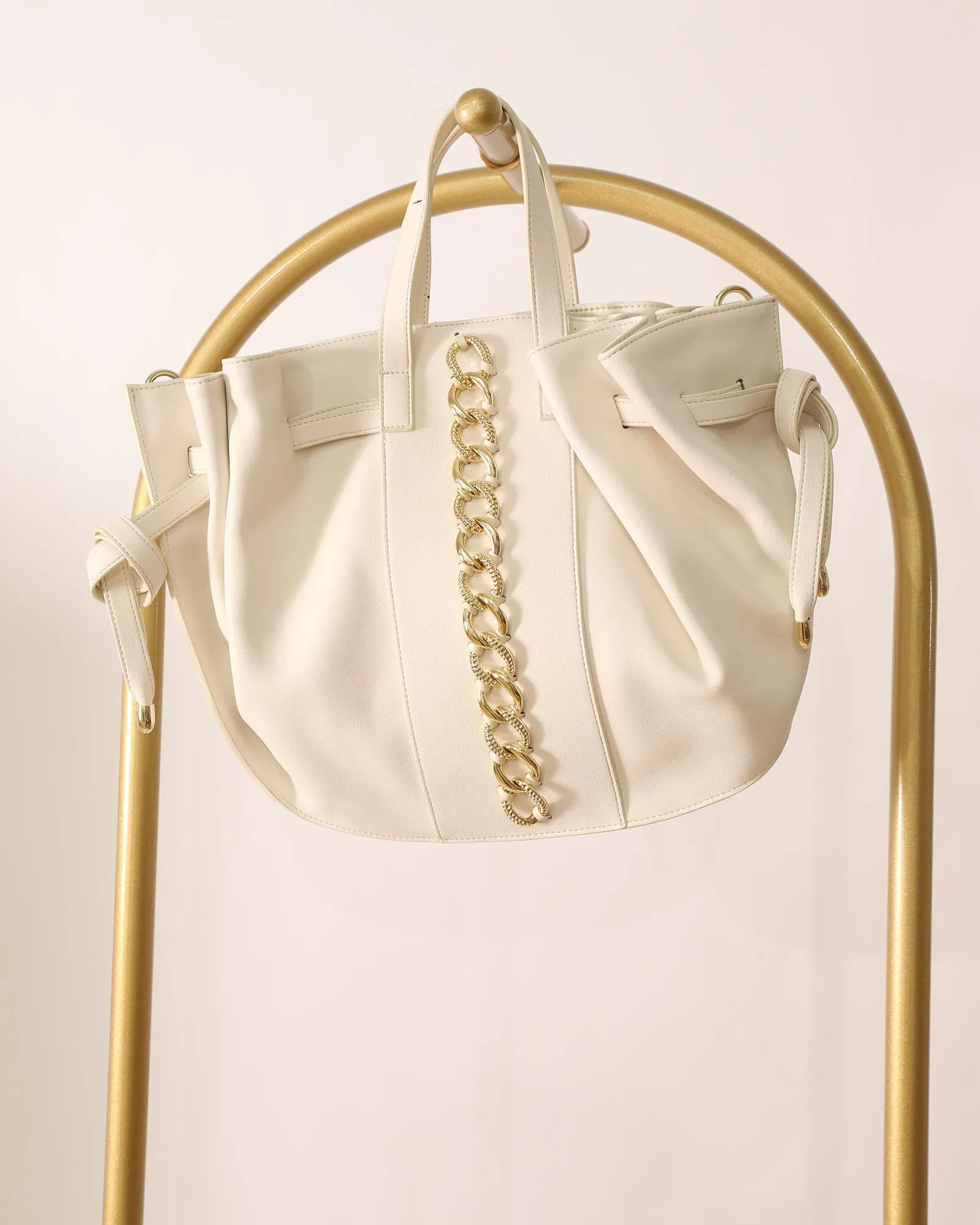 Leather Bag with Gold Chain Detailing - Cream sold by Belle & Bloom