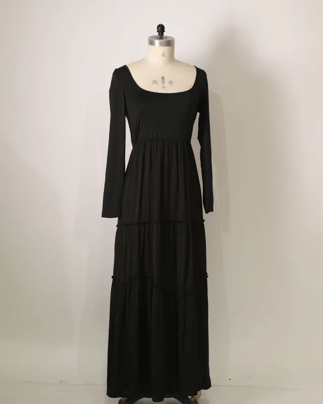 Long Sleeve Round Neck Tiered Maxi - Black sold by Belle & Bloom