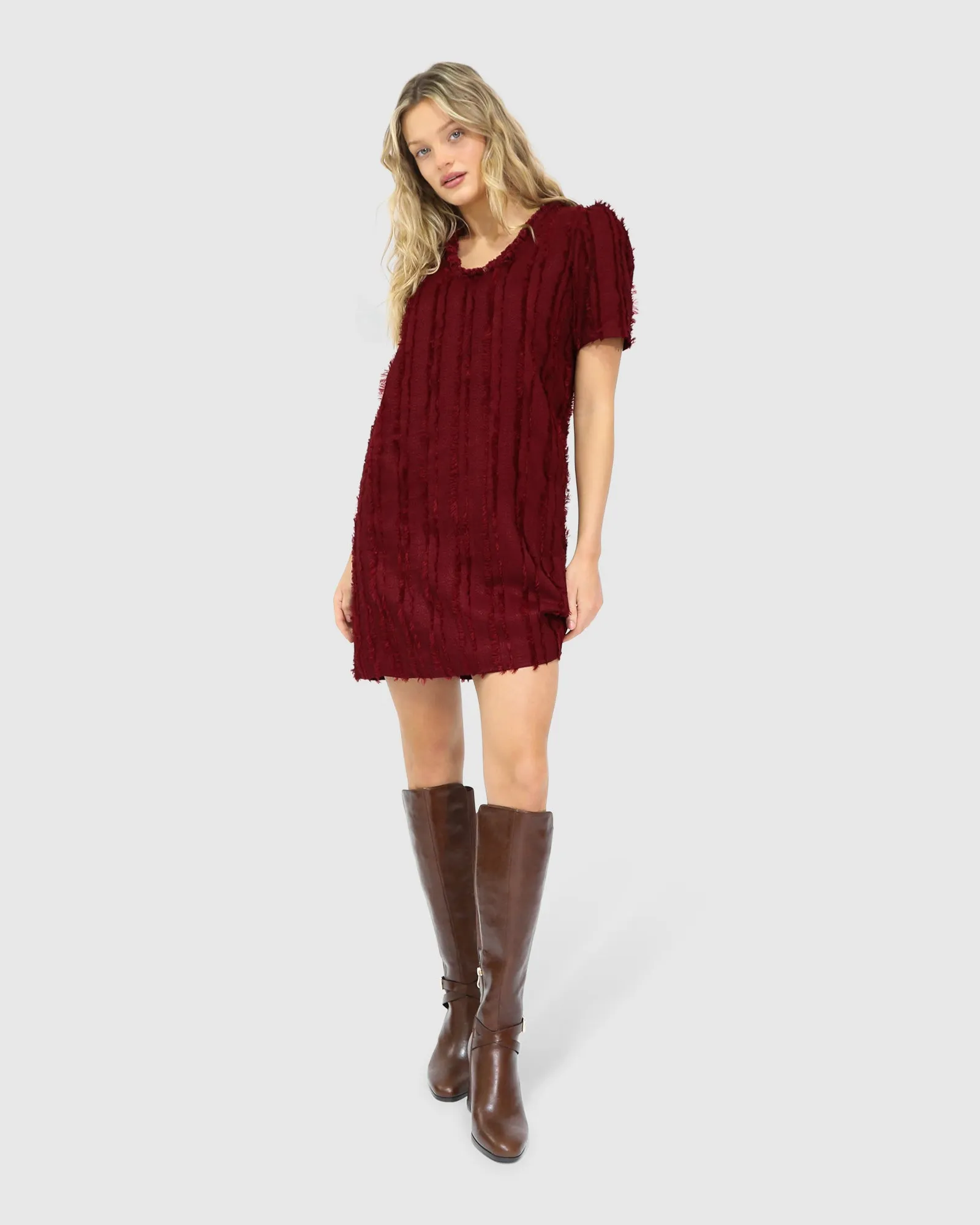 Solana Boho Fringe Shift Mini Dress - Burgundy sold by Belle & Bloom product image thumbnail 4