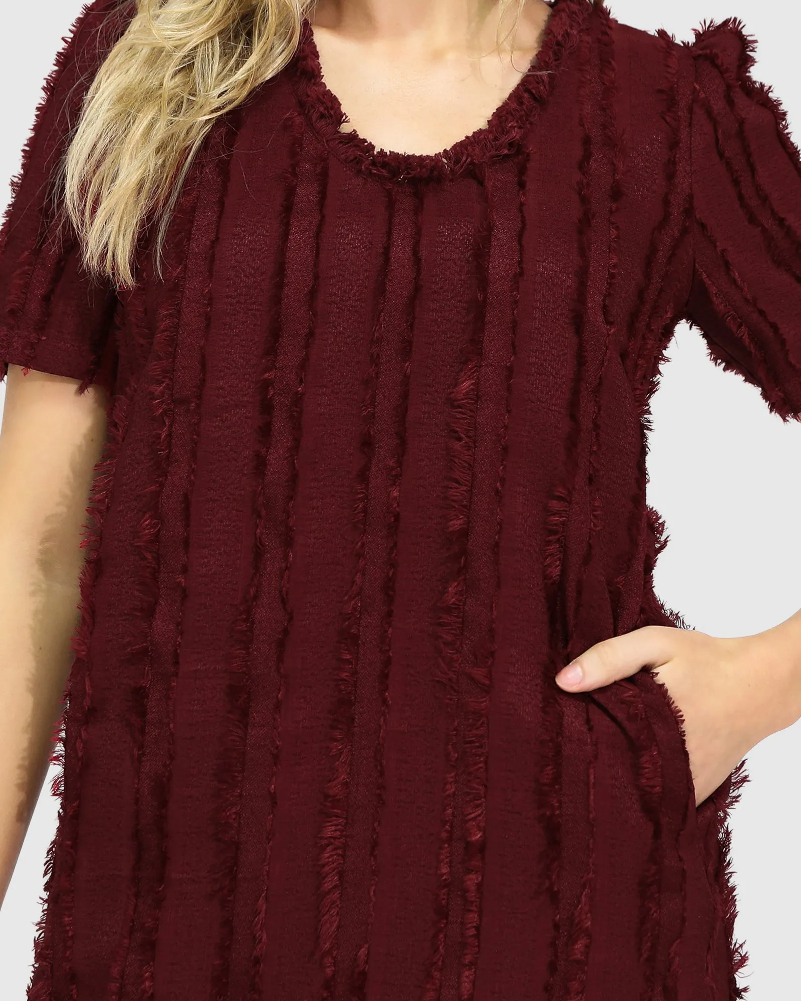 Solana Boho Fringe Shift Mini Dress - Burgundy sold by Belle & Bloom product image thumbnail 3