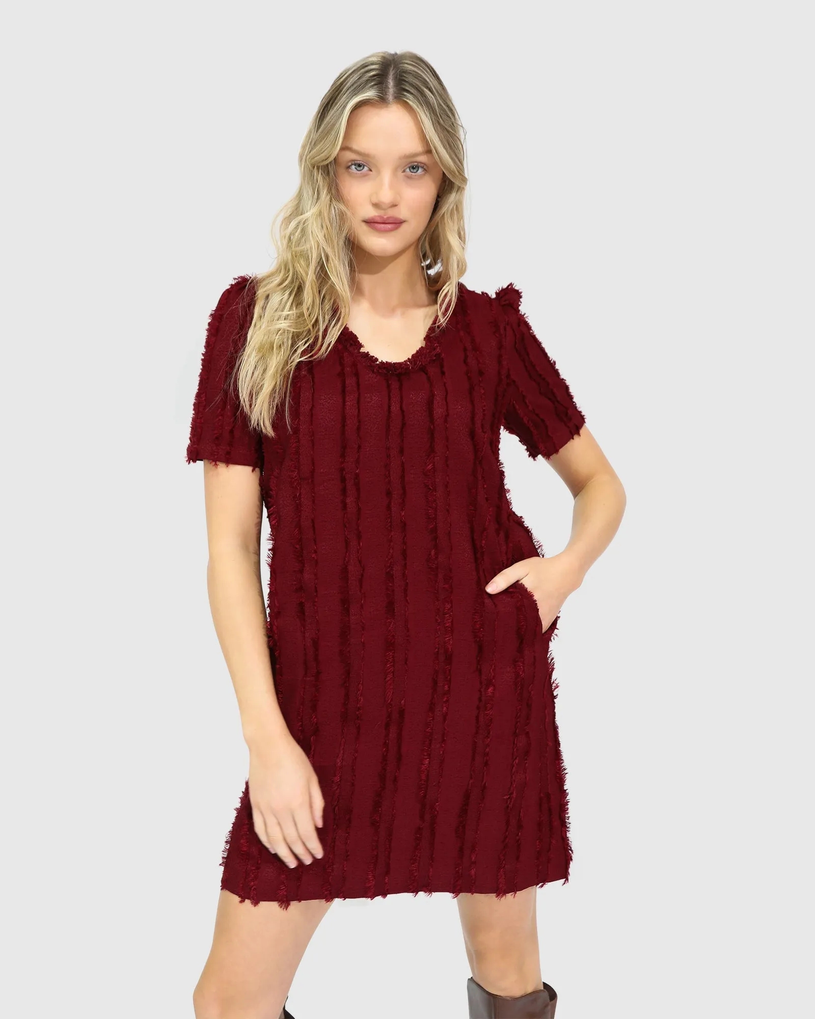 Solana Boho Fringe Shift Mini Dress - Burgundy sold by Belle & Bloom product image thumbnail 5