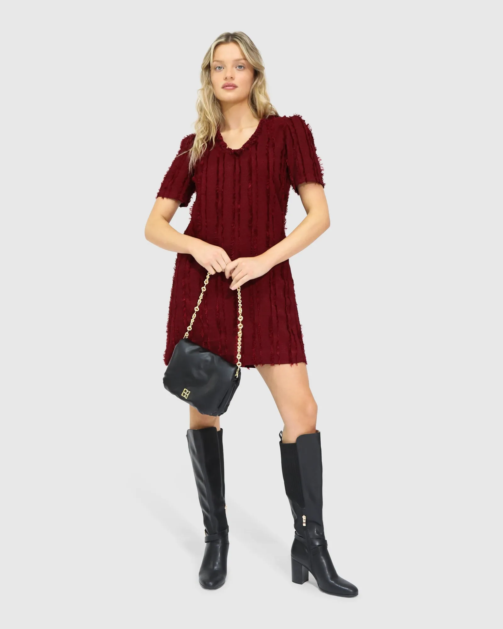 Solana Boho Fringe Shift Mini Dress - Burgundy sold by Belle & Bloom product image thumbnail 2