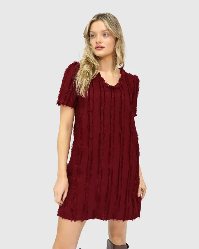 Solana Boho Fringe Shift Mini Dress - Burgundy sold by Belle & Bloom