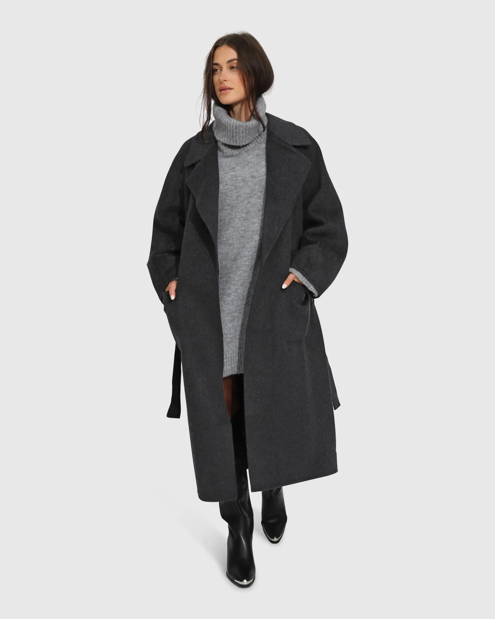 Big Girl Belted Wool Blend Coat - Charcoal sold by Belle & Bloom product image thumbnail 2