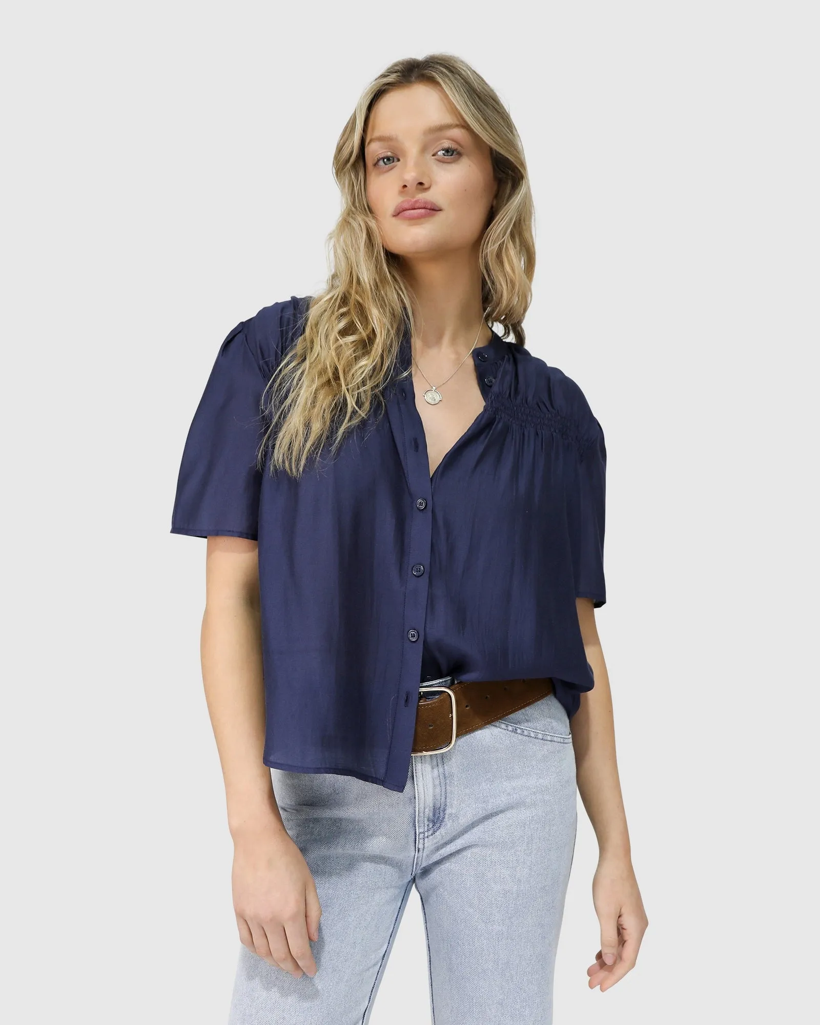 Honeylace Short Sleeve Blouse - Navy sold by Belle & Bloom
