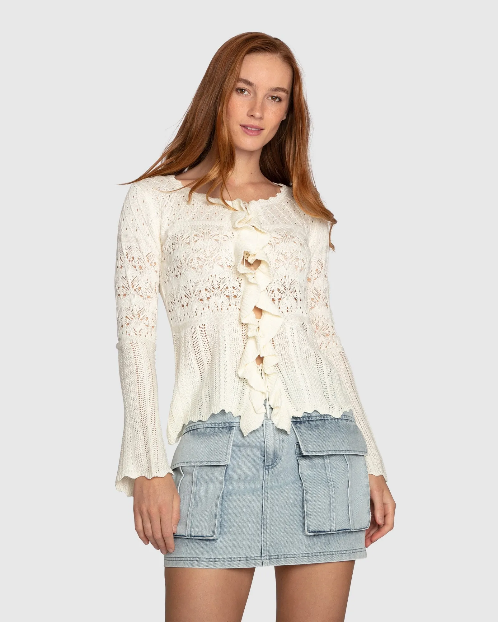 Soft Sands Ruffle Knit Cardigan - Cream sold by Belle & Bloom