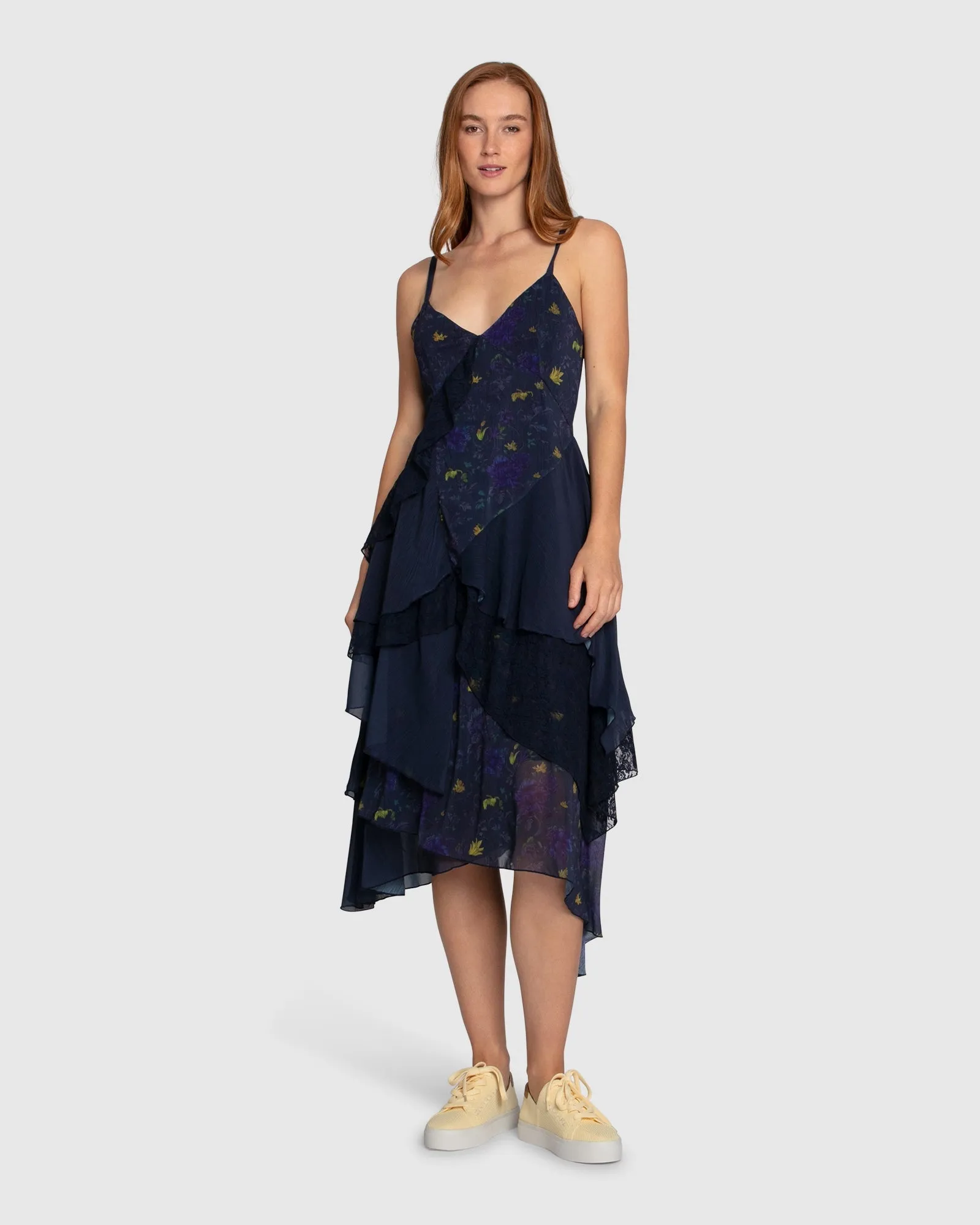 Charmed Floral Print Ruffle Midi Dress - Navy sold by Belle & Bloom product image thumbnail 2
