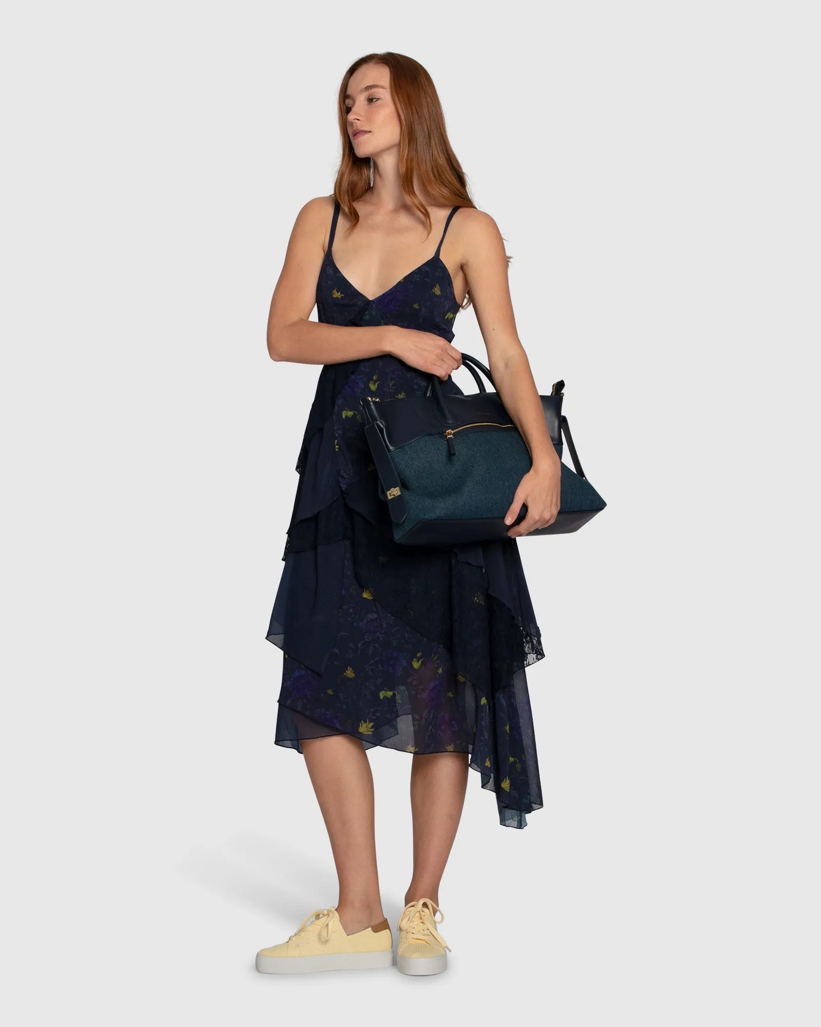 Charmed Floral Print Ruffle Midi Dress - Navy sold by Belle & Bloom product image thumbnail 5