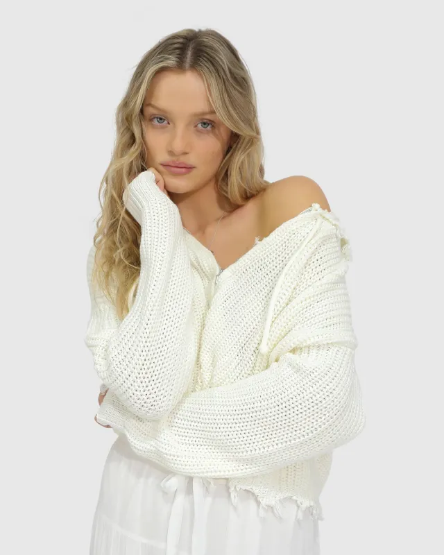 Another Love Fringe Zip Knit - Cream sold by Belle & Bloom