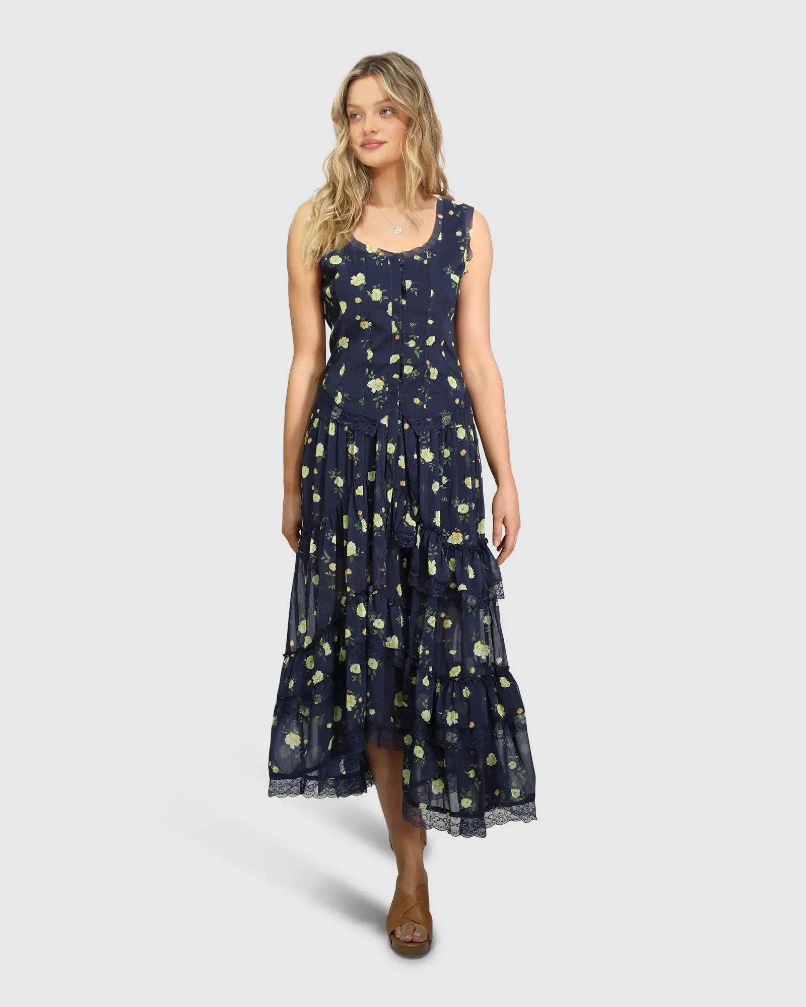 Wanderlace Ruffle Maxi Skirt - Navy Print sold by Belle & Bloom product image thumbnail 3