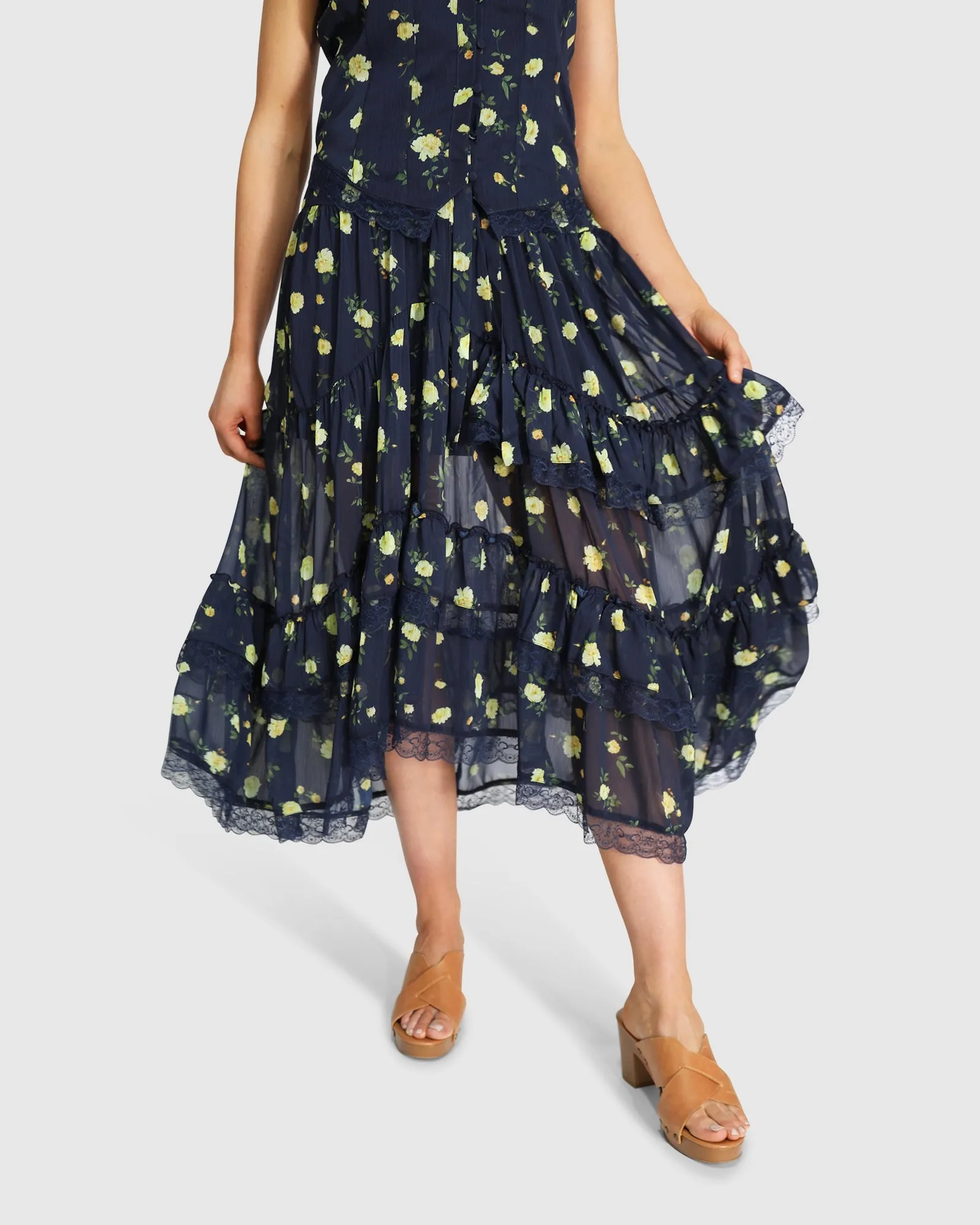 Wanderlace Ruffle Maxi Skirt - Navy Print sold by Belle & Bloom product image thumbnail 4