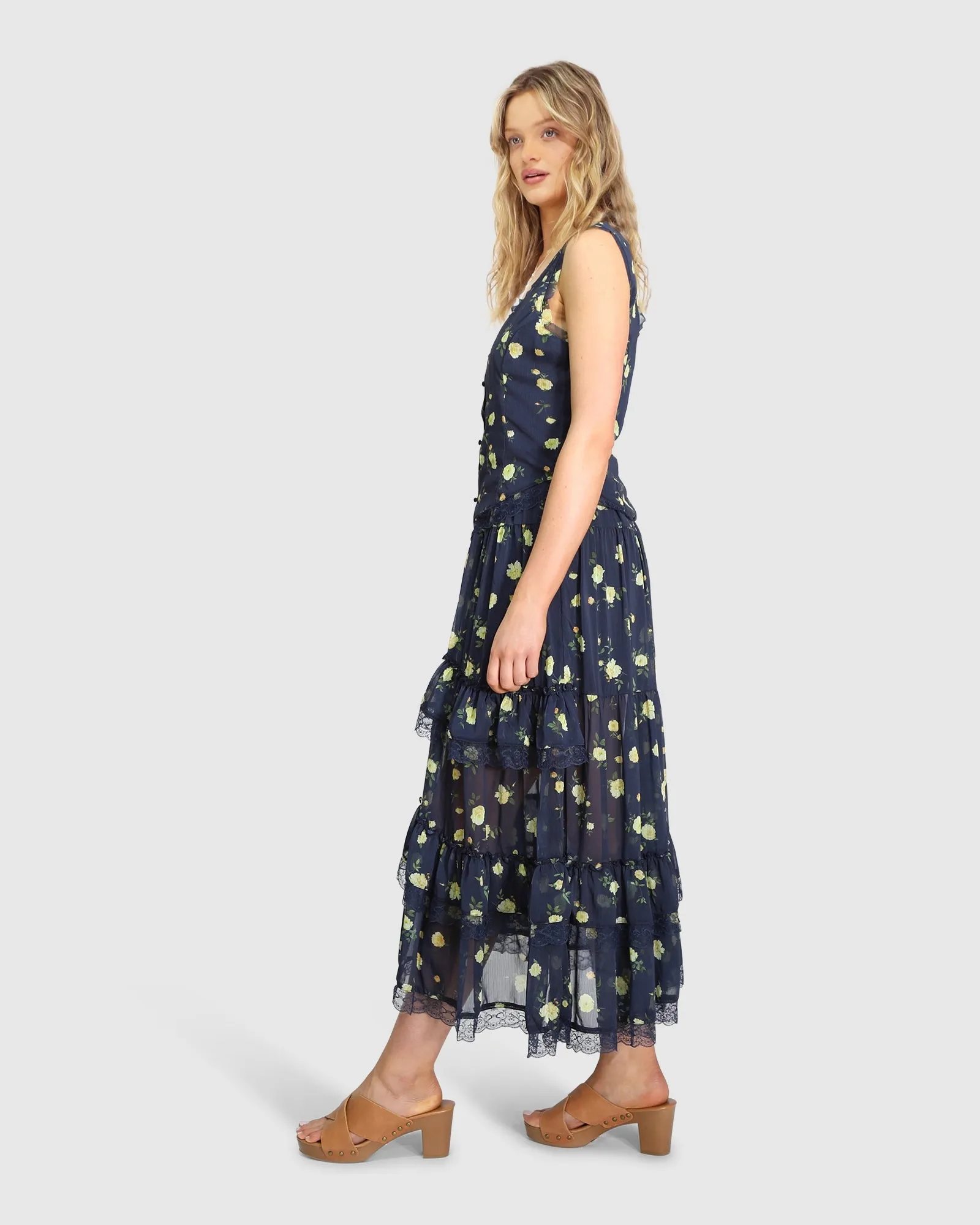 Wanderlace Ruffle Maxi Skirt - Navy Print sold by Belle & Bloom product image thumbnail 5
