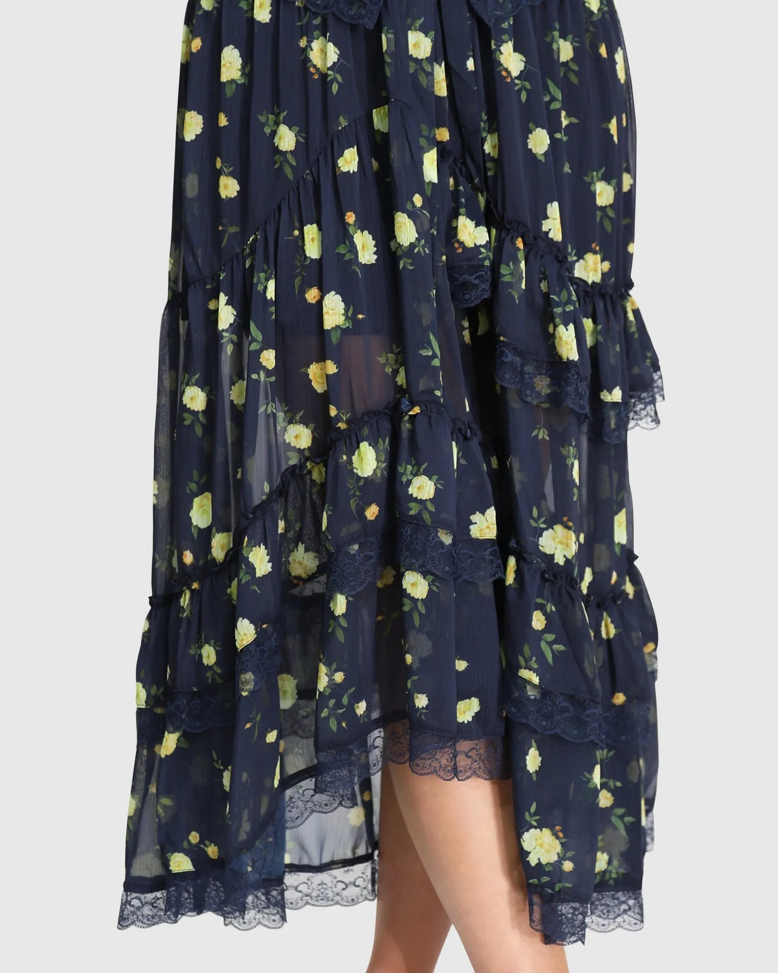 Wanderlace Ruffle Maxi Skirt - Navy Print sold by Belle & Bloom product image thumbnail 2