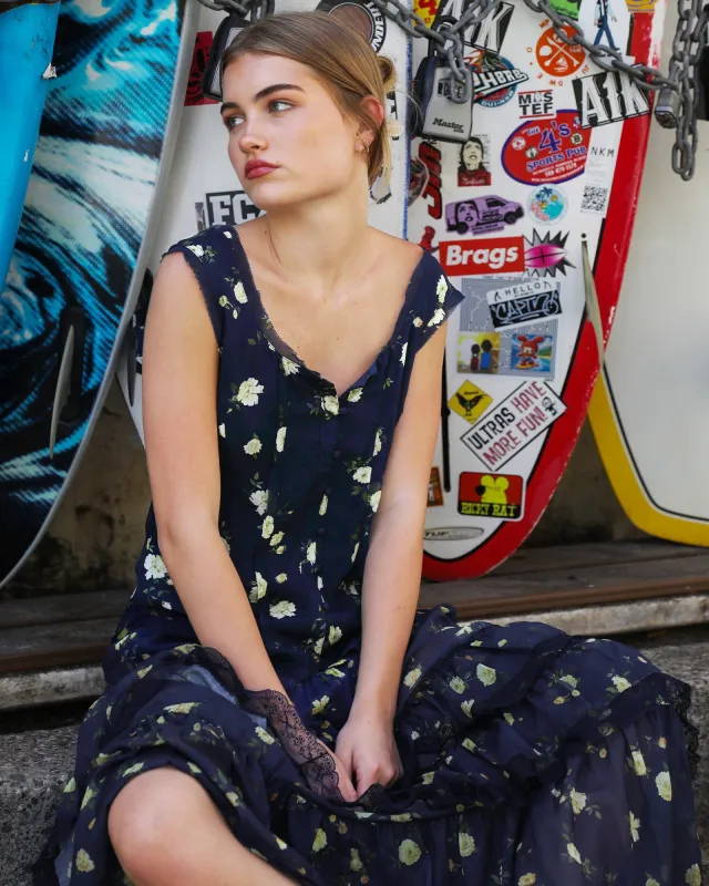 Future Lover Lace Button Up Blouse - Navy Print sold by Belle & Bloom