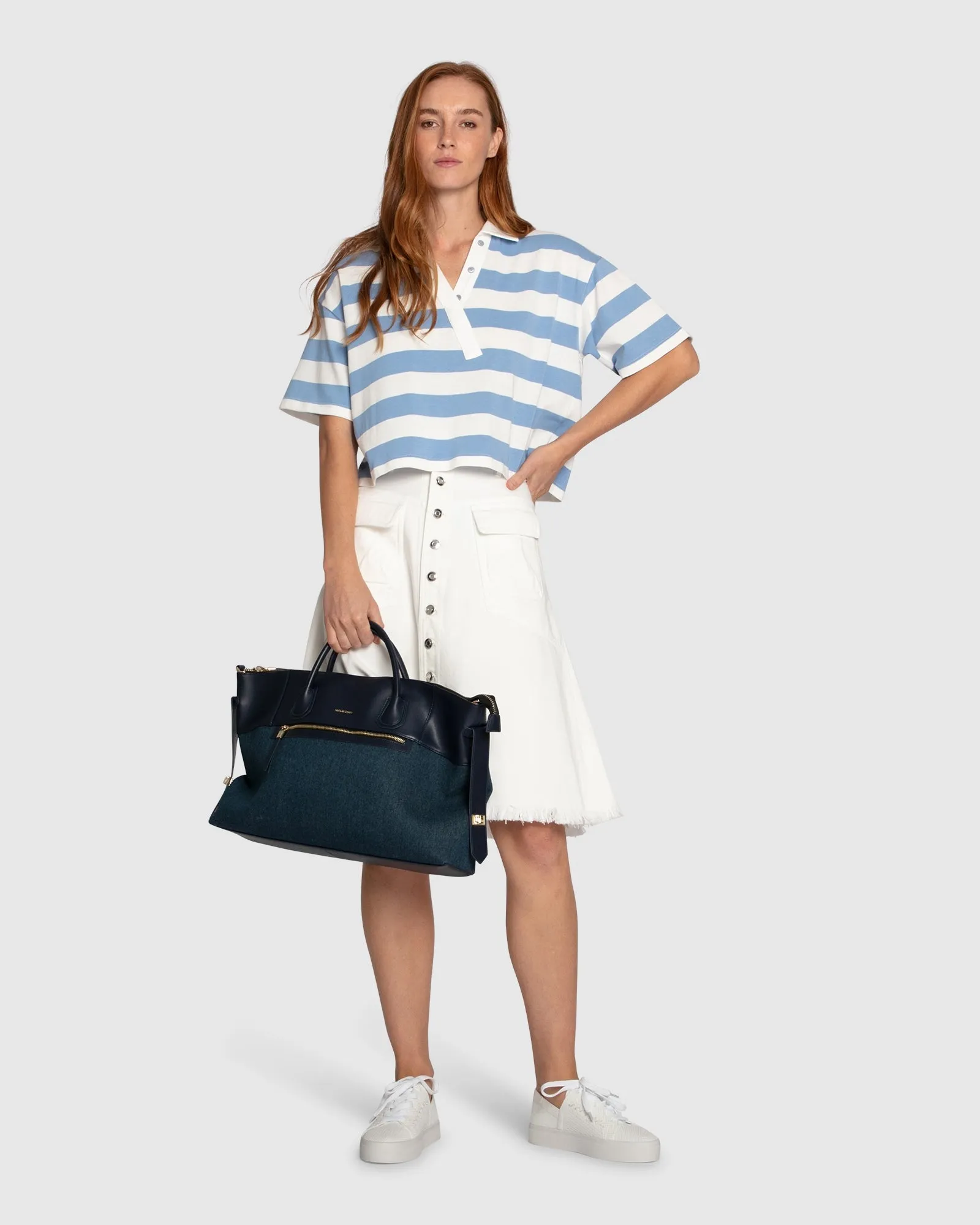 School Boy V-Neck Cropped Polo Top - Blue/White sold by Belle & Bloom product image thumbnail 3