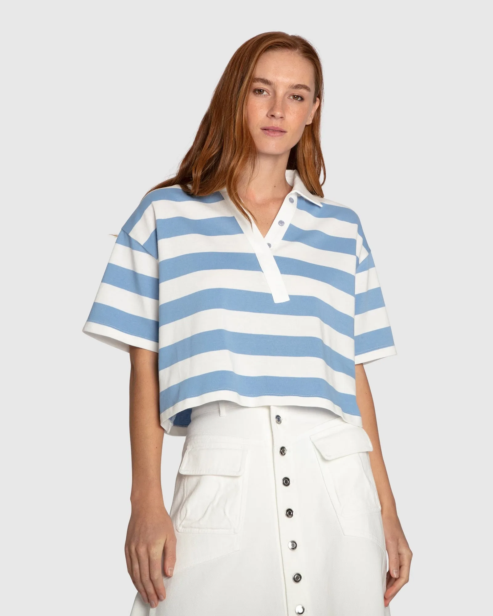 School Boy V-Neck Cropped Polo Top - Blue/White sold by Belle & Bloom product image thumbnail 5