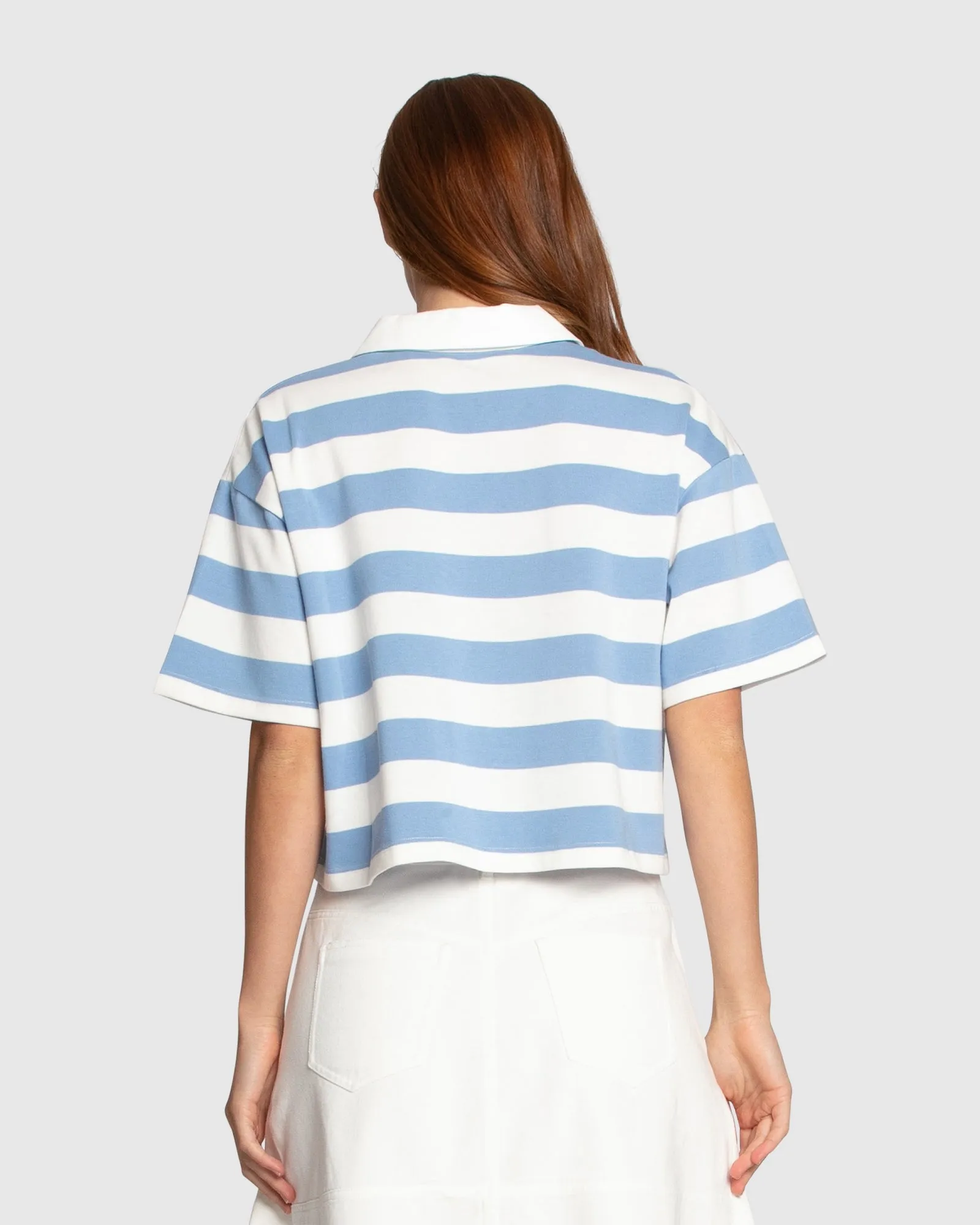 School Boy V-Neck Cropped Polo Top - Blue/White sold by Belle & Bloom product image thumbnail 2