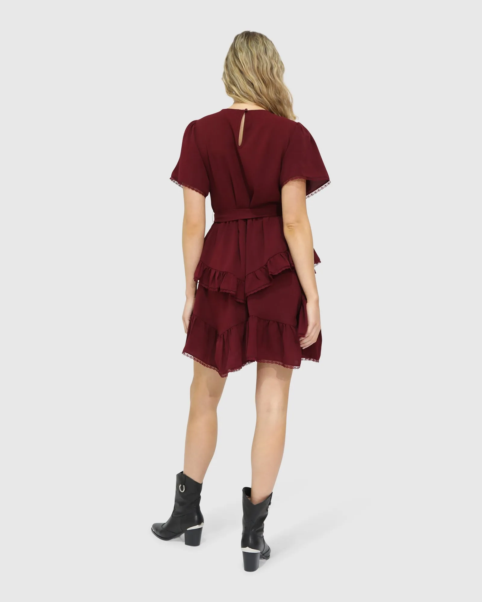 The Softest Spell Ruffle Mini Dress - Burgundy sold by Belle & Bloom product image thumbnail 3