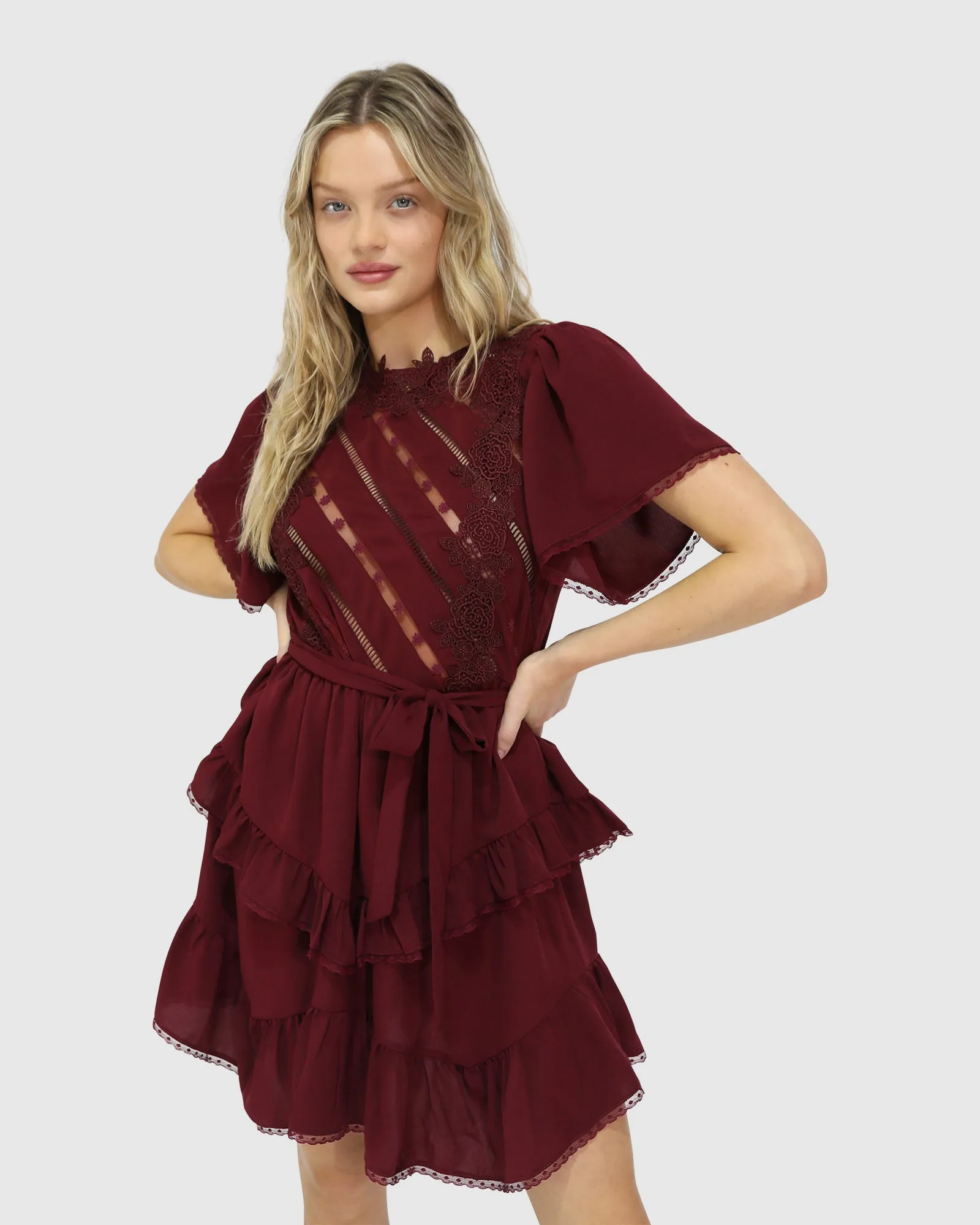 The Softest Spell Ruffle Mini Dress - Burgundy sold by Belle & Bloom