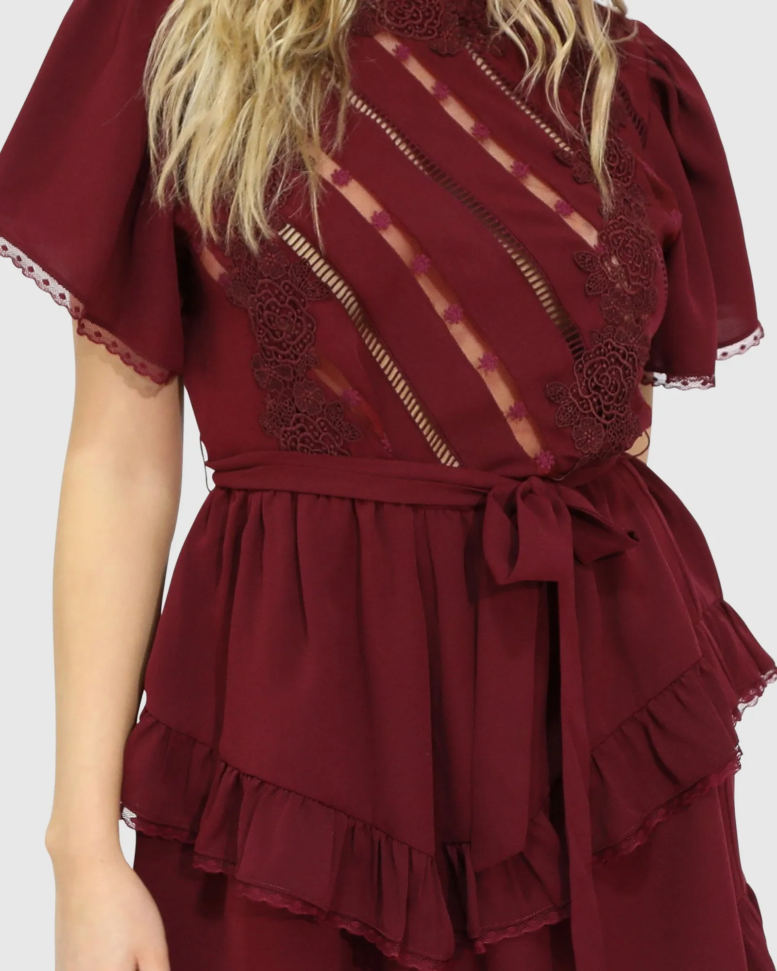 The Softest Spell Ruffle Mini Dress - Burgundy sold by Belle & Bloom product image thumbnail 4