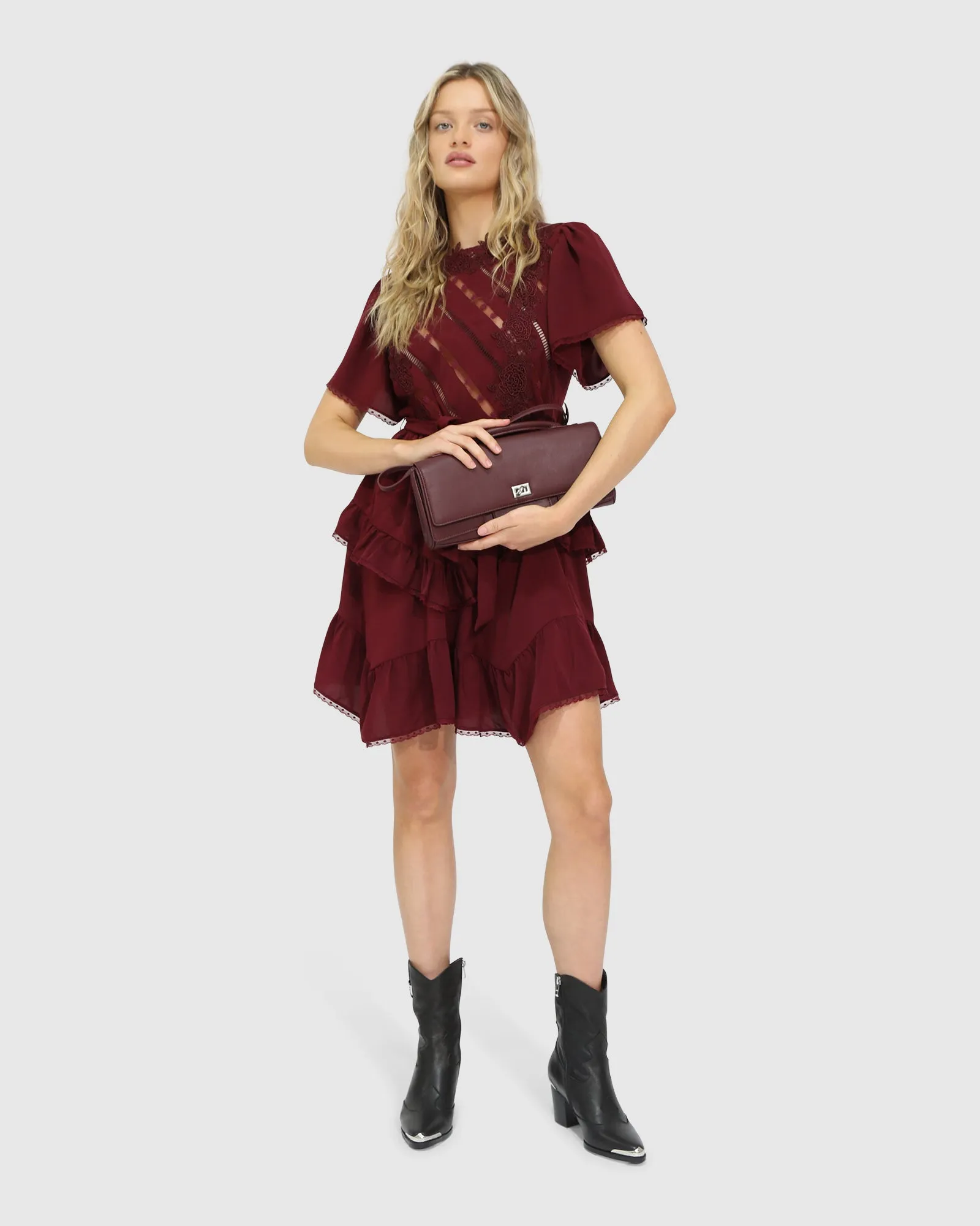 The Softest Spell Ruffle Mini Dress - Burgundy sold by Belle & Bloom product image thumbnail 5