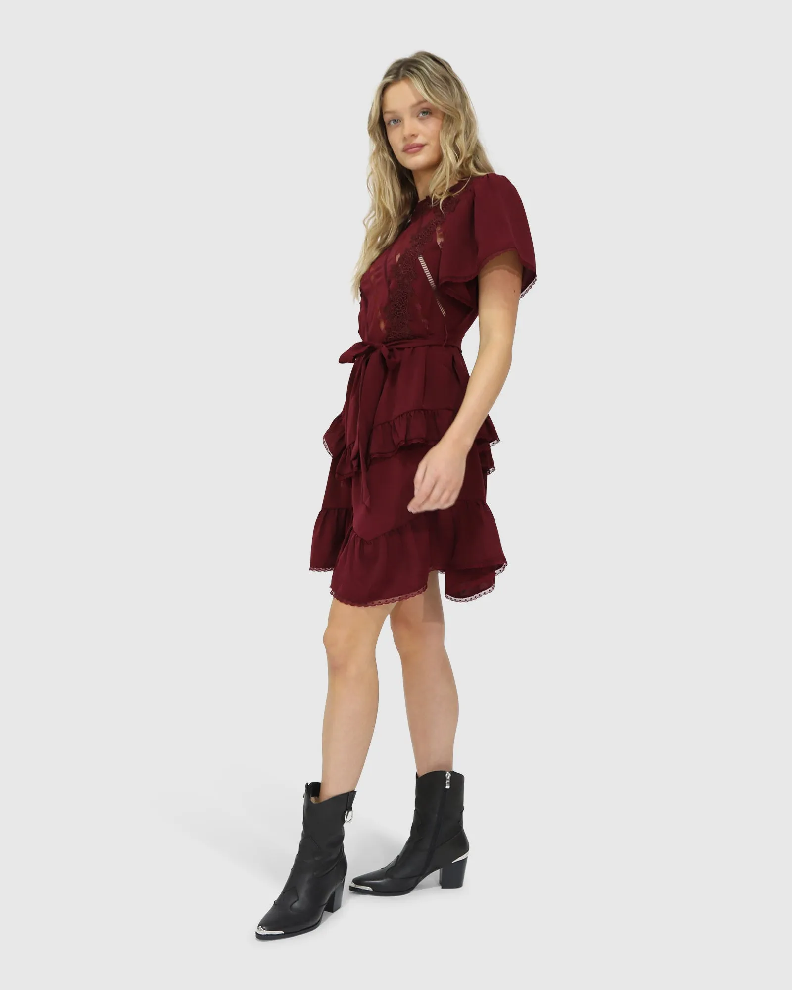 The Softest Spell Ruffle Mini Dress - Burgundy sold by Belle & Bloom product image thumbnail 2