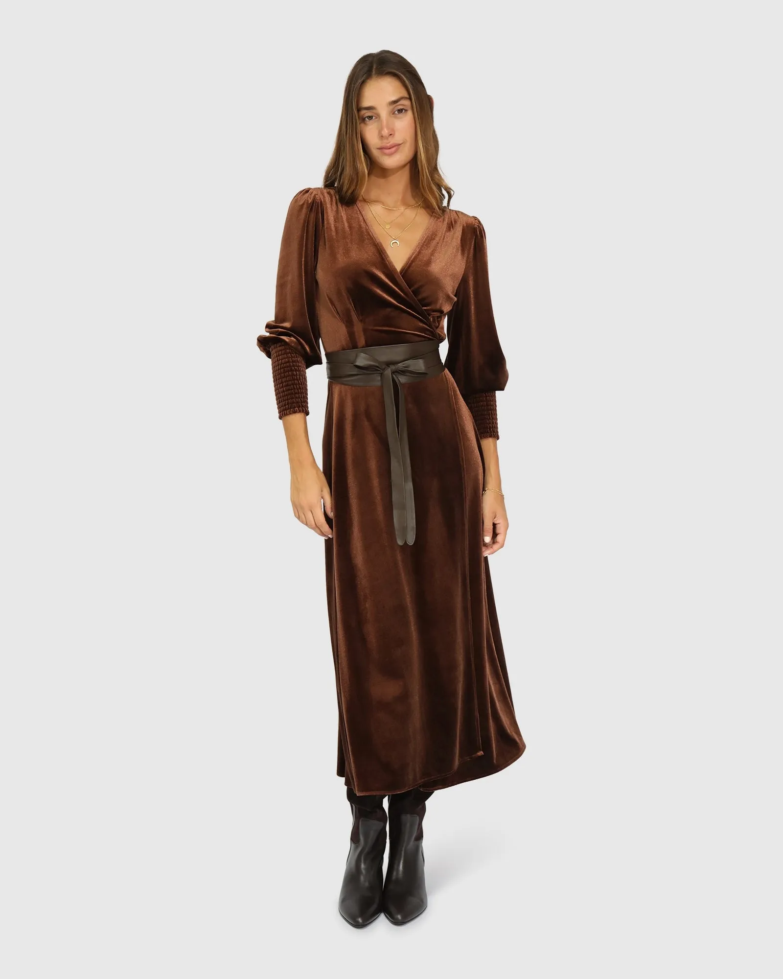 Current Mood Velvet Wrap Dress - Chocolate sold by Belle & Bloom product image thumbnail 4