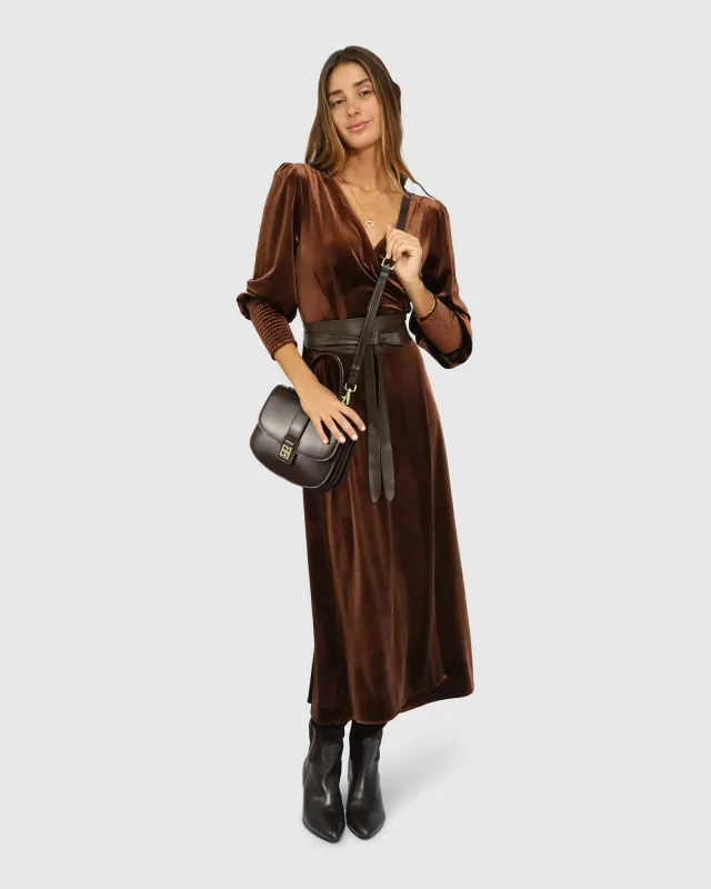 Current Mood Velvet Wrap Dress - Chocolate sold by Belle & Bloom