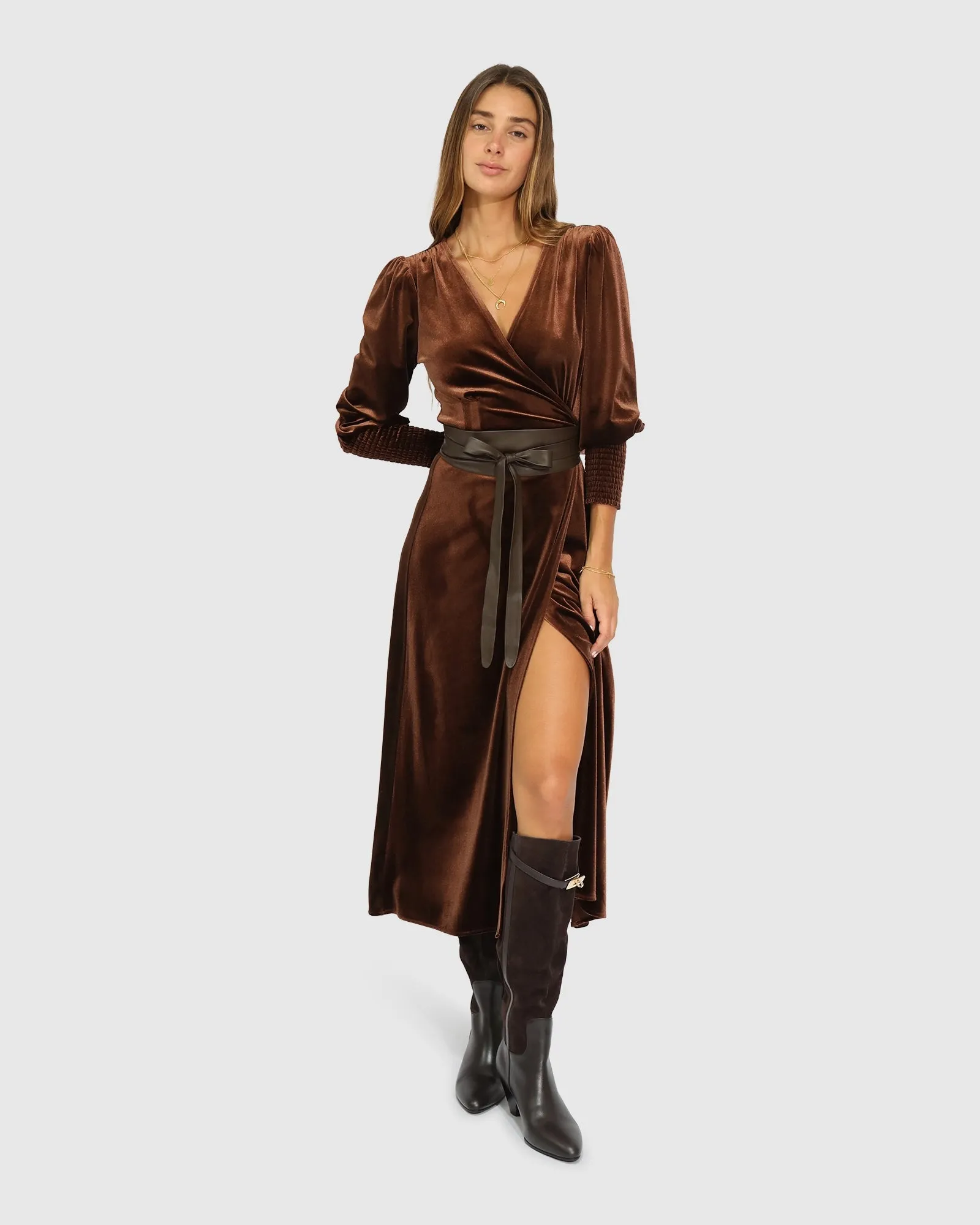 Current Mood Velvet Wrap Dress - Chocolate sold by Belle & Bloom product image thumbnail 5