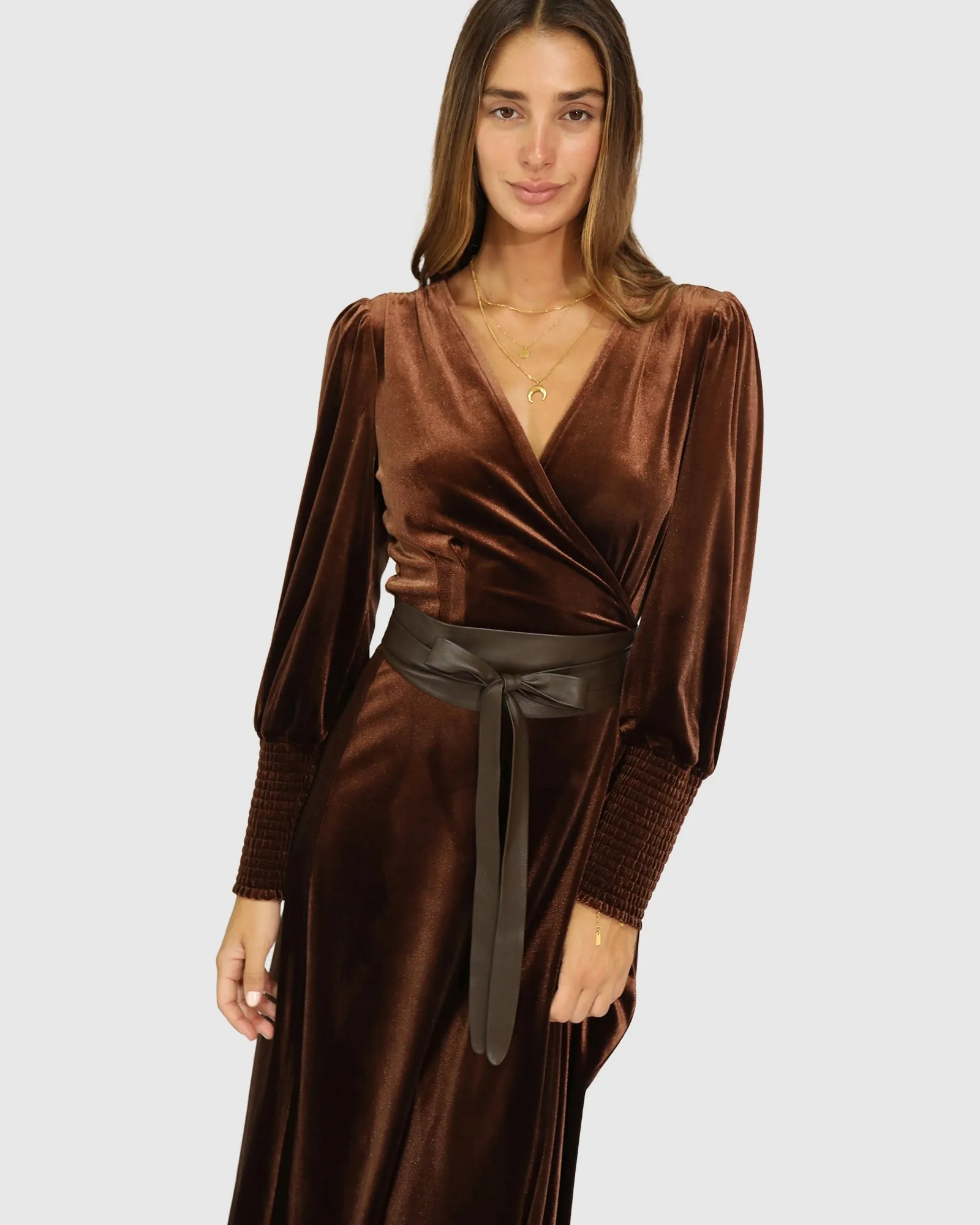 Current Mood Velvet Wrap Dress - Chocolate sold by Belle & Bloom product image thumbnail 2