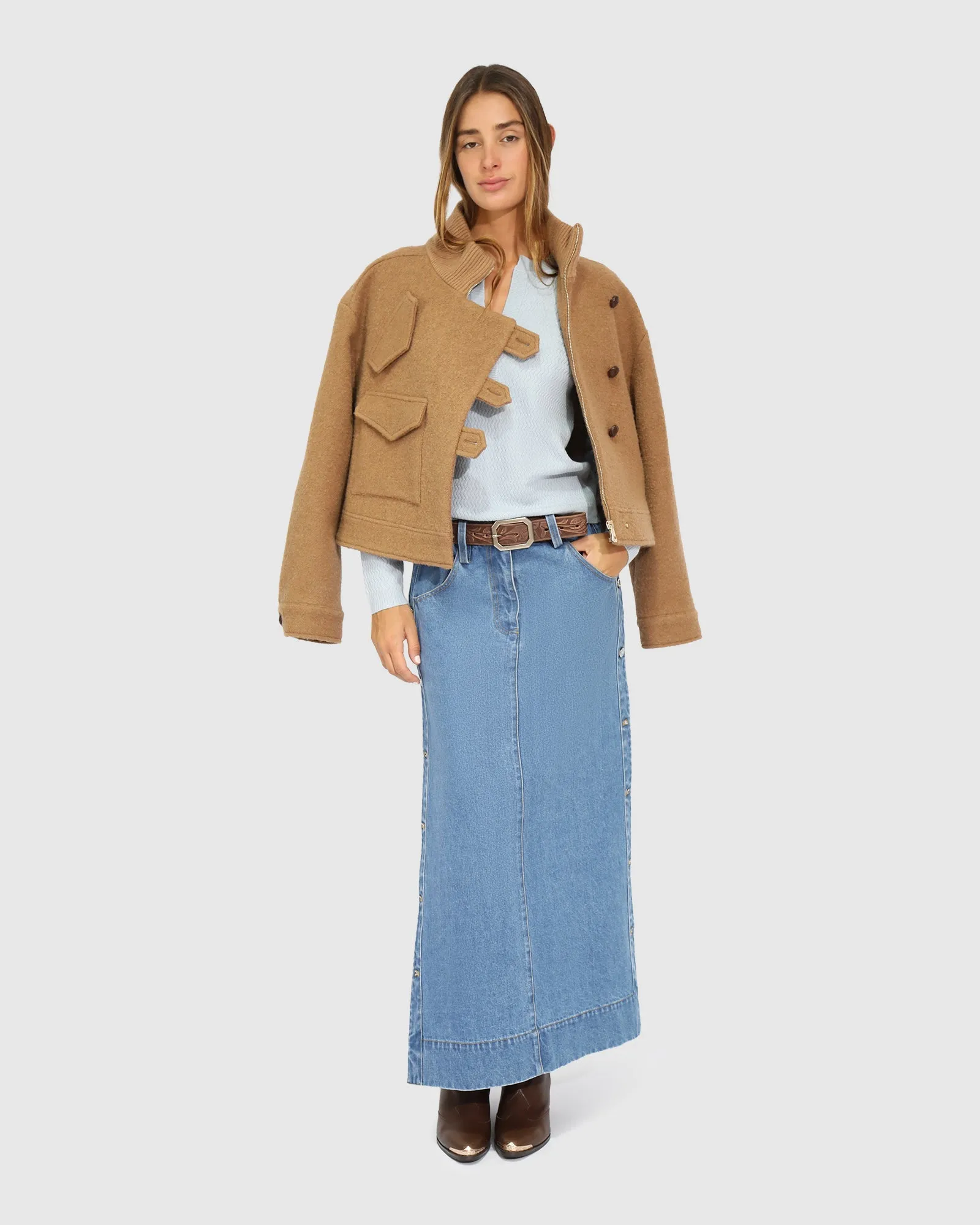 Edge Line Denim Maxi Skirt with Side Buttons - Mid Denim Wash sold by Belle & Bloom product image thumbnail 4