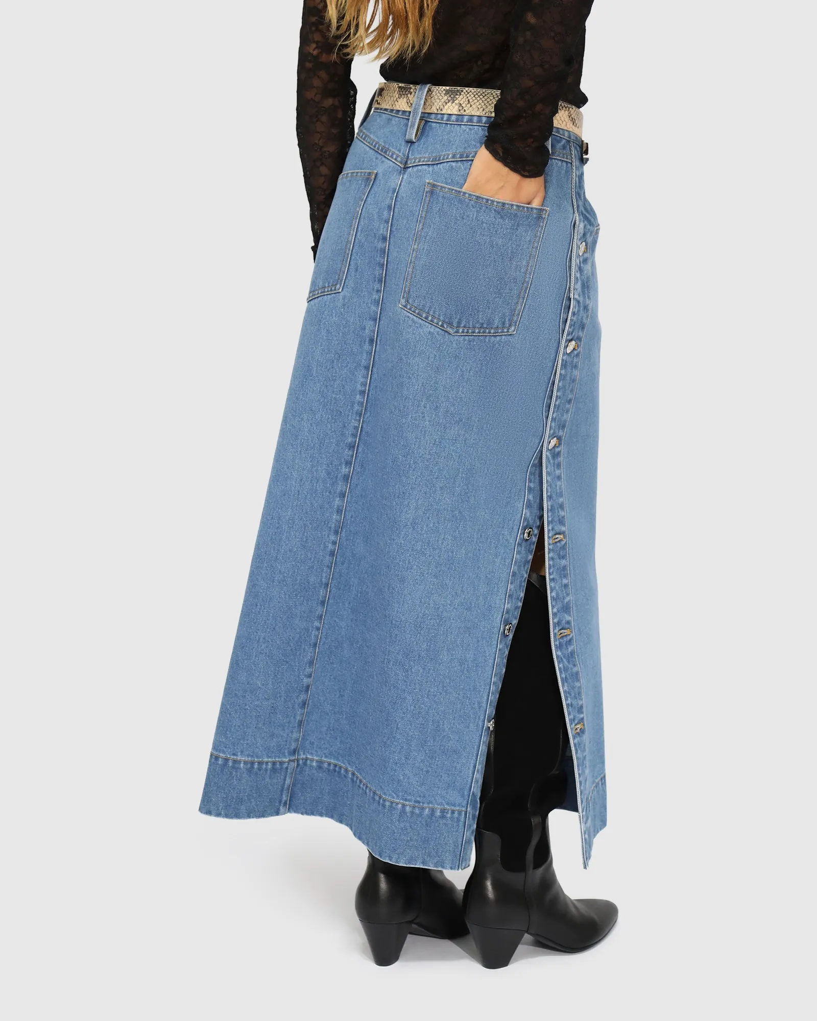 Edge Line Denim Maxi Skirt with Side Buttons - Mid Denim Wash sold by Belle & Bloom product image thumbnail 3