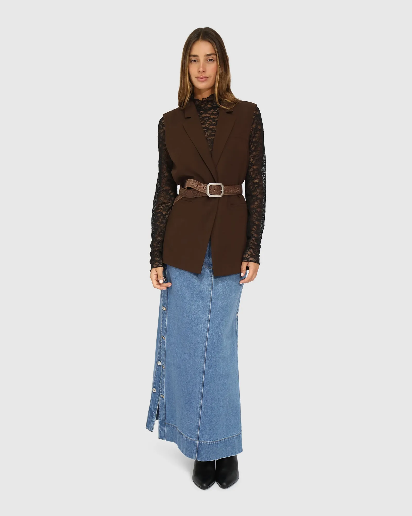 Edge Line Denim Maxi Skirt with Side Buttons - Mid Denim Wash sold by Belle & Bloom