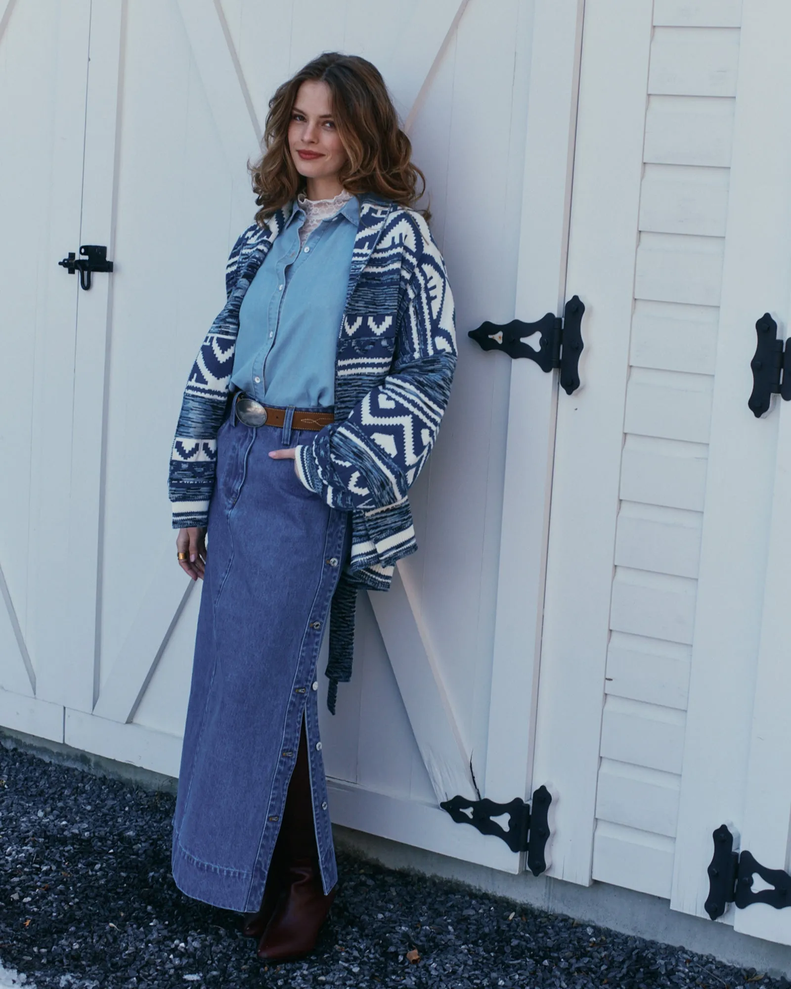 Edge Line Denim Maxi Skirt with Side Buttons - Mid Denim Wash sold by Belle & Bloom product image thumbnail 2