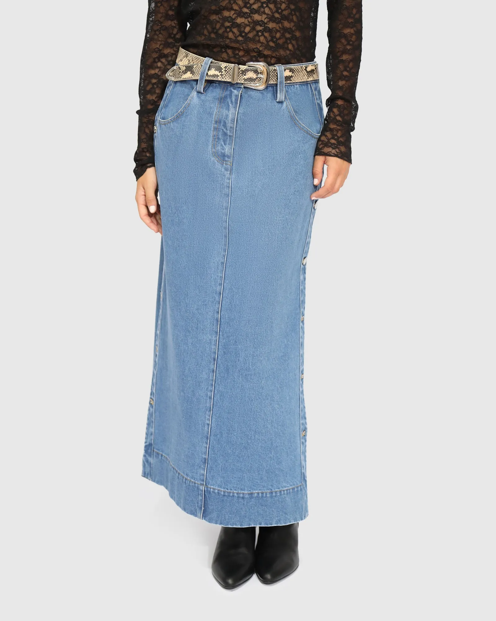 Edge Line Denim Maxi Skirt with Side Buttons - Mid Denim Wash sold by Belle & Bloom product image thumbnail 5
