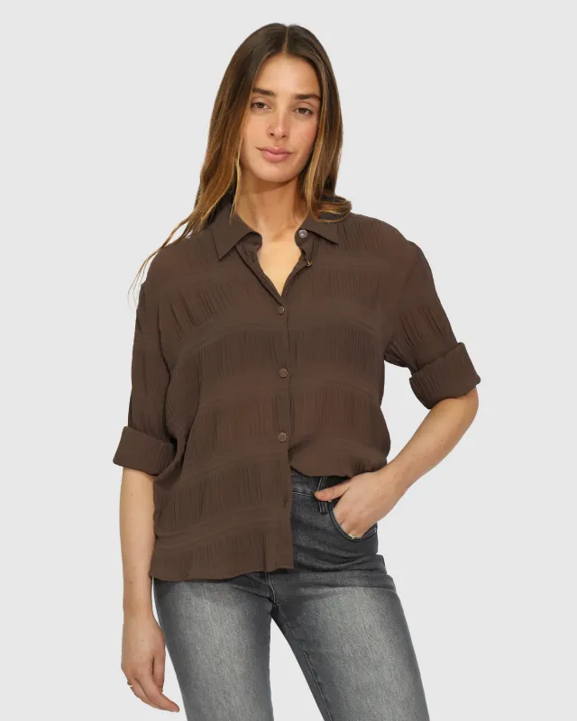 Yoko Shirred Chiffon Blouse - Chocolate made by Belle & Bloom