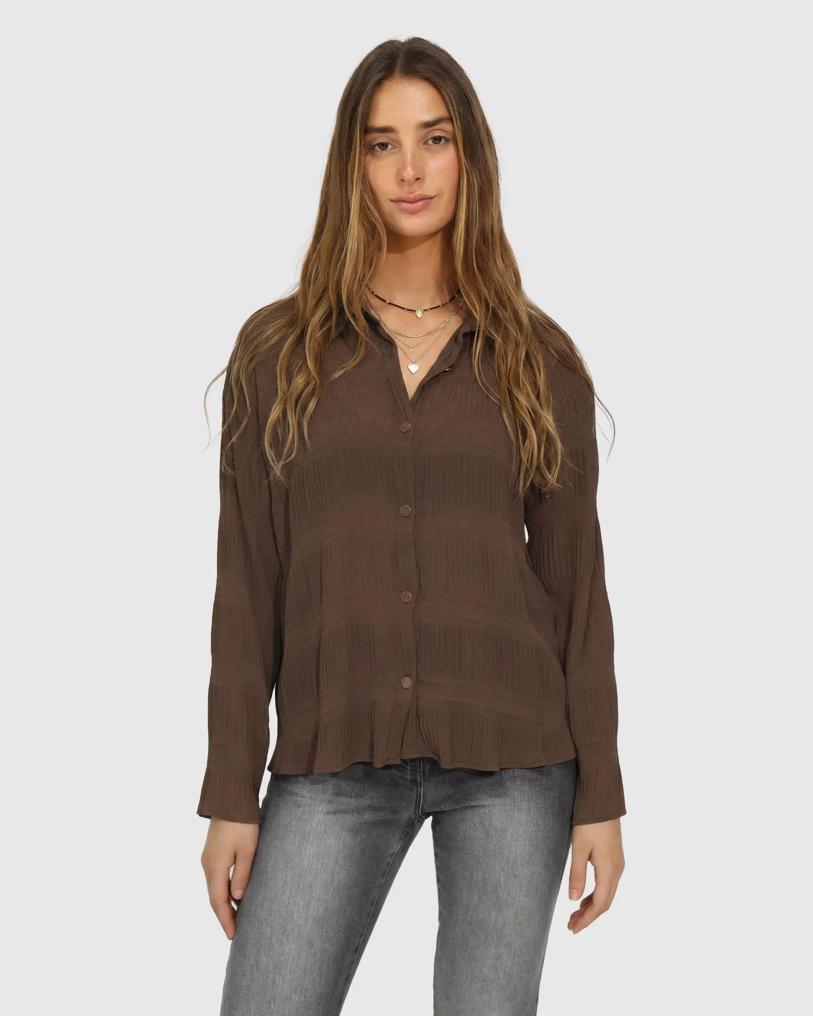 Yoko Shirred Chiffon Blouse - Chocolate sold by Belle & Bloom product image thumbnail 2