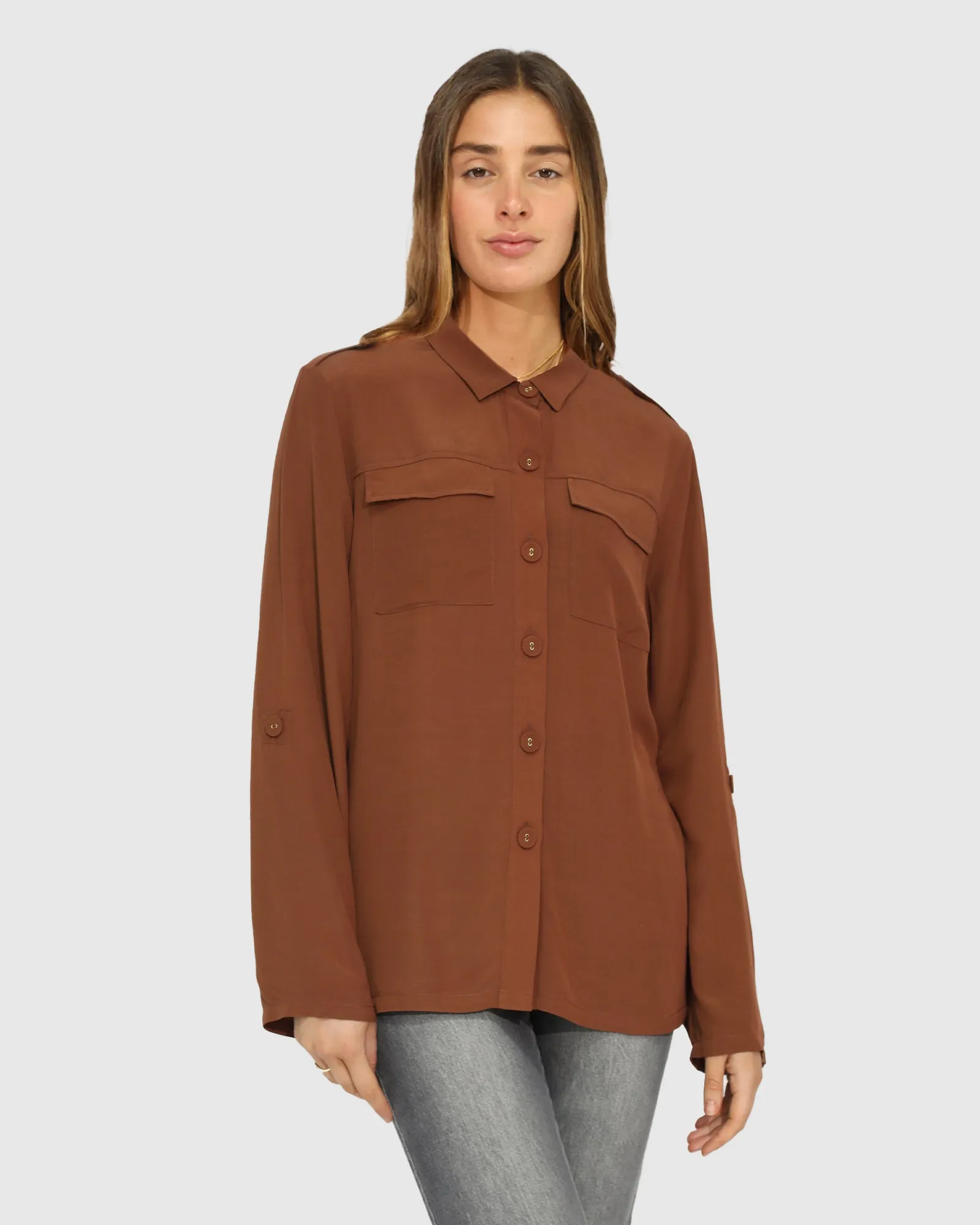 Eclipse Rolled Sleeve Blouse - Chocolate sold by Belle & Bloom product image thumbnail 5