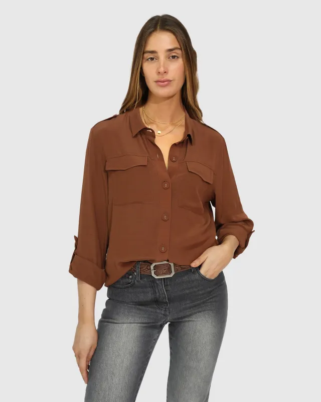 Eclipse Rolled Sleeve Blouse - Chocolate made by Belle & Bloom